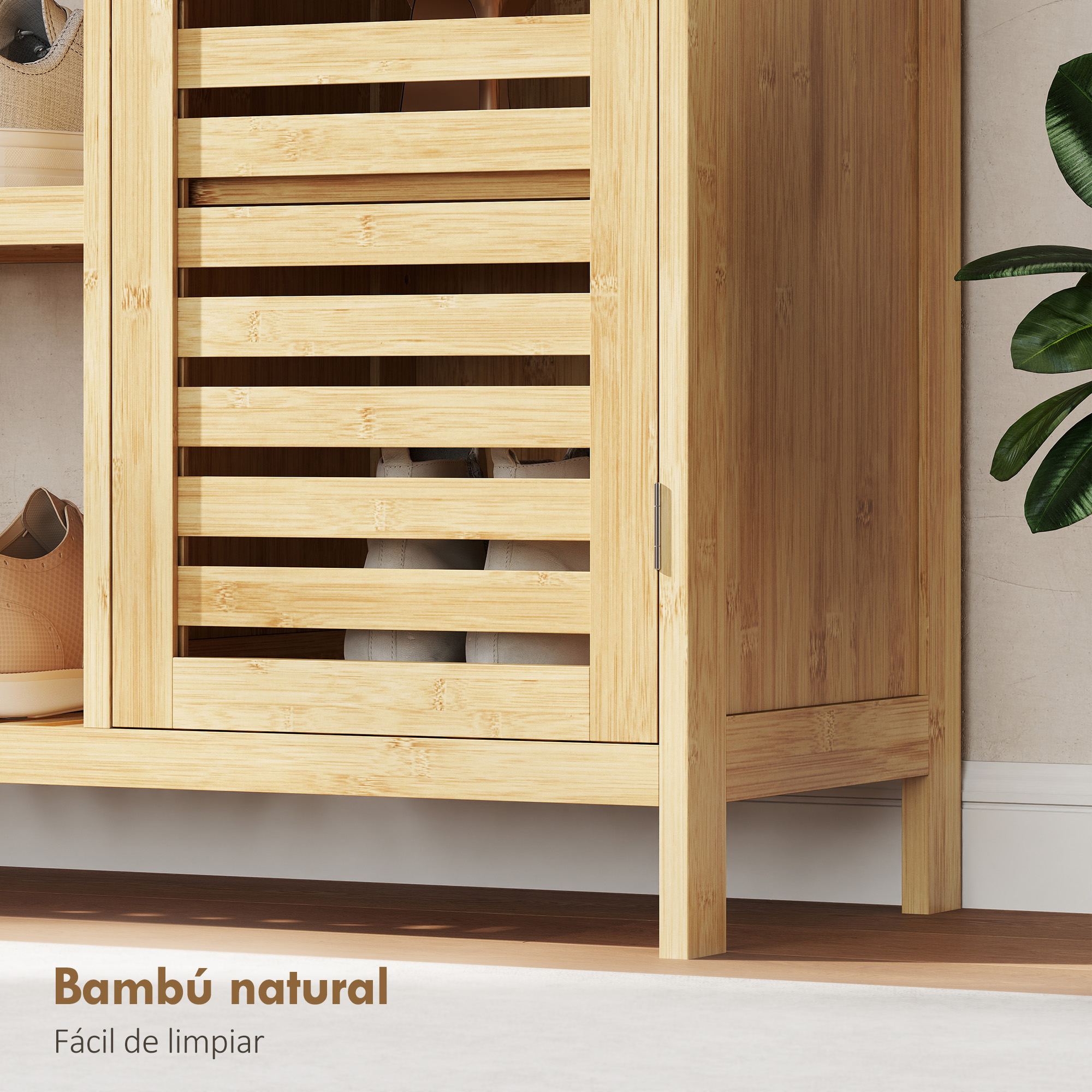 Un zapatero de bambú con puertas de lamas y zapatos visibles.