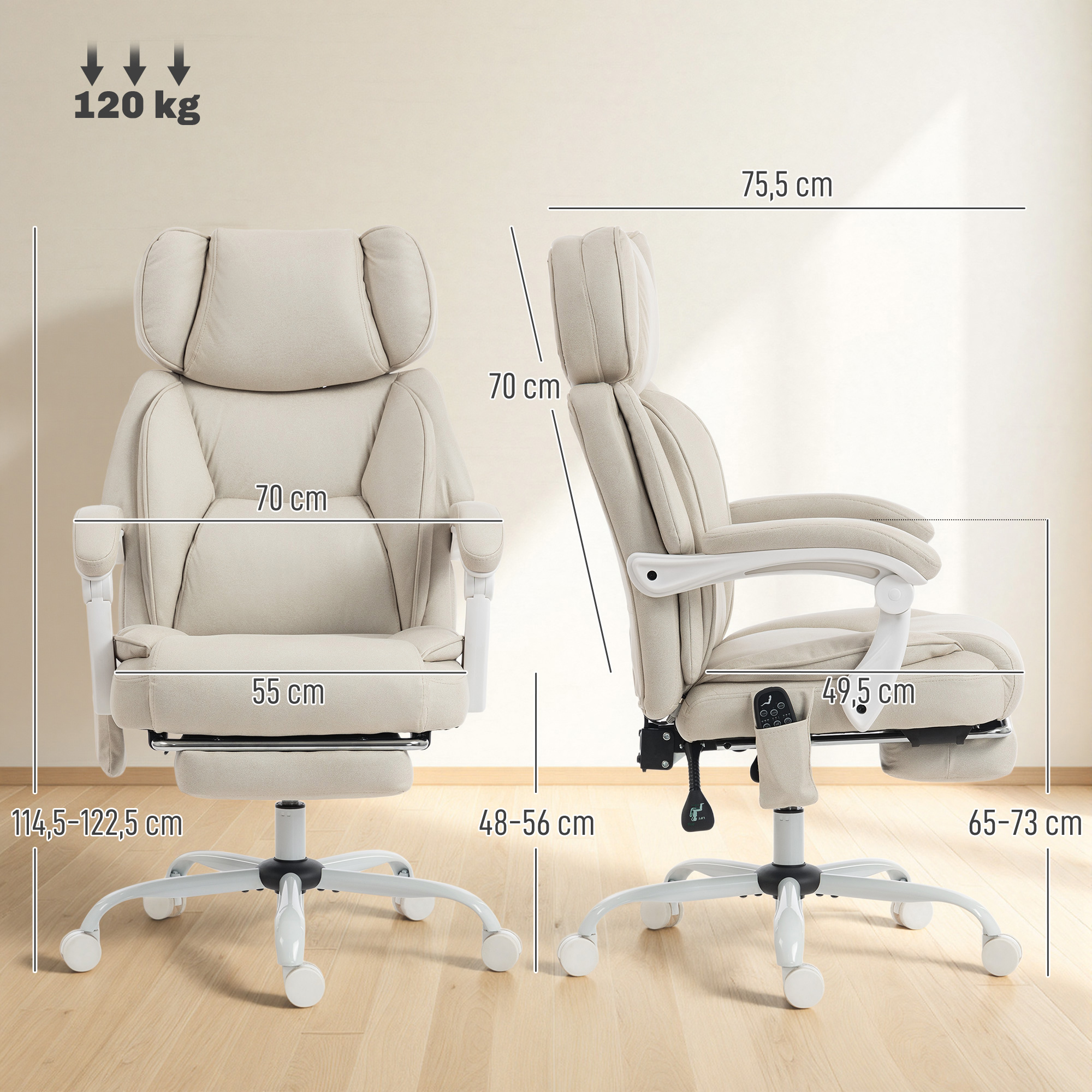 Silla de oficina beige con dimensiones y capacidad de peso (120 kg).