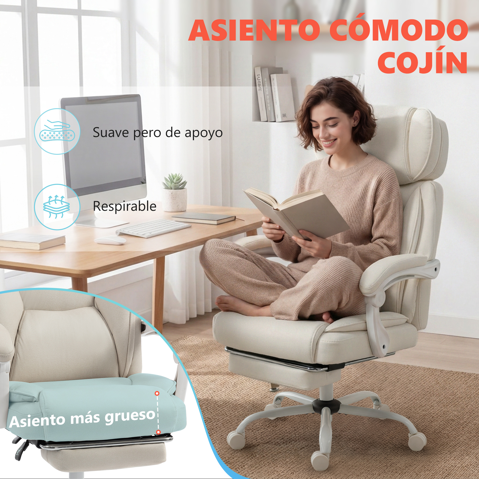 Mujer leyendo en una cómoda silla de oficina blanca con reposapiés. Escritorio al lado.