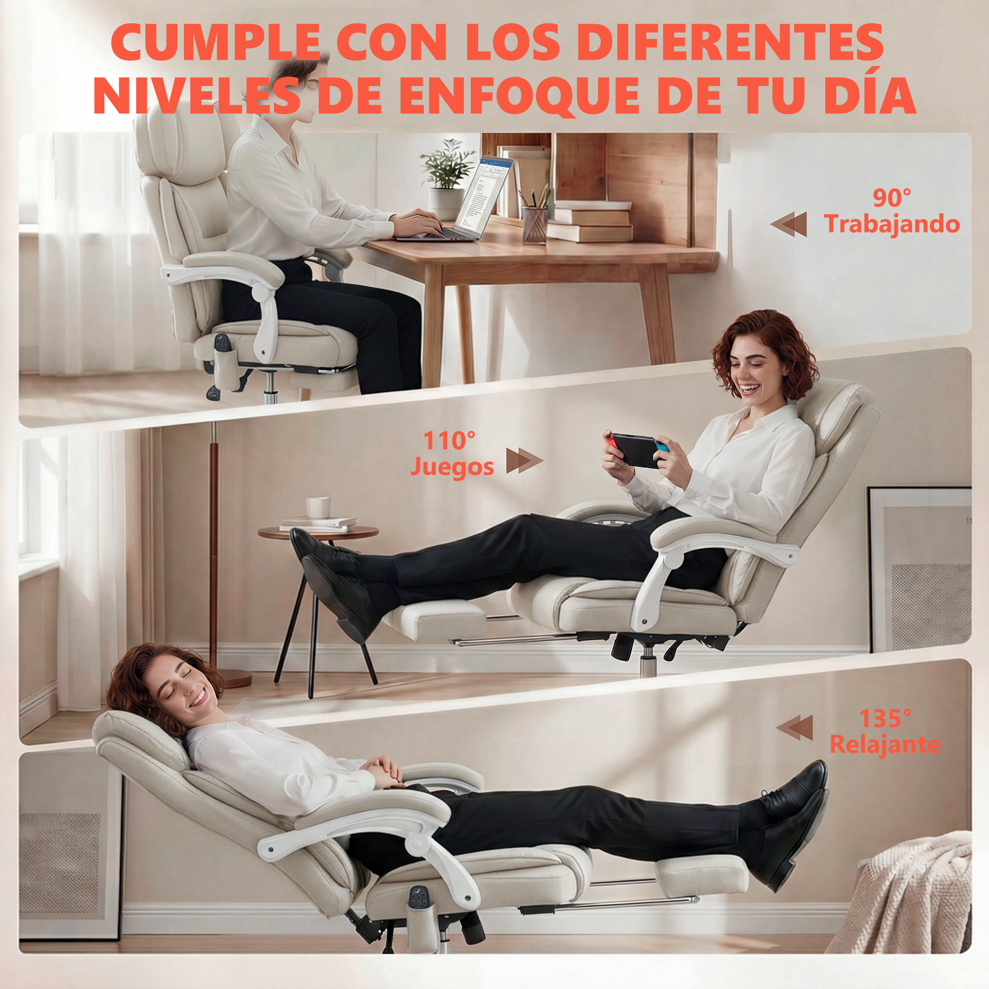 Tres escenas muestran a una persona en silla de oficina: trabajando, jugando, relajándose.