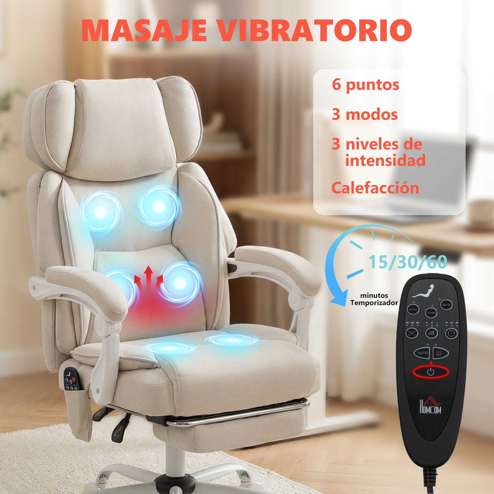 Sillón de masaje beige con mando a distancia, mostrando funciones.