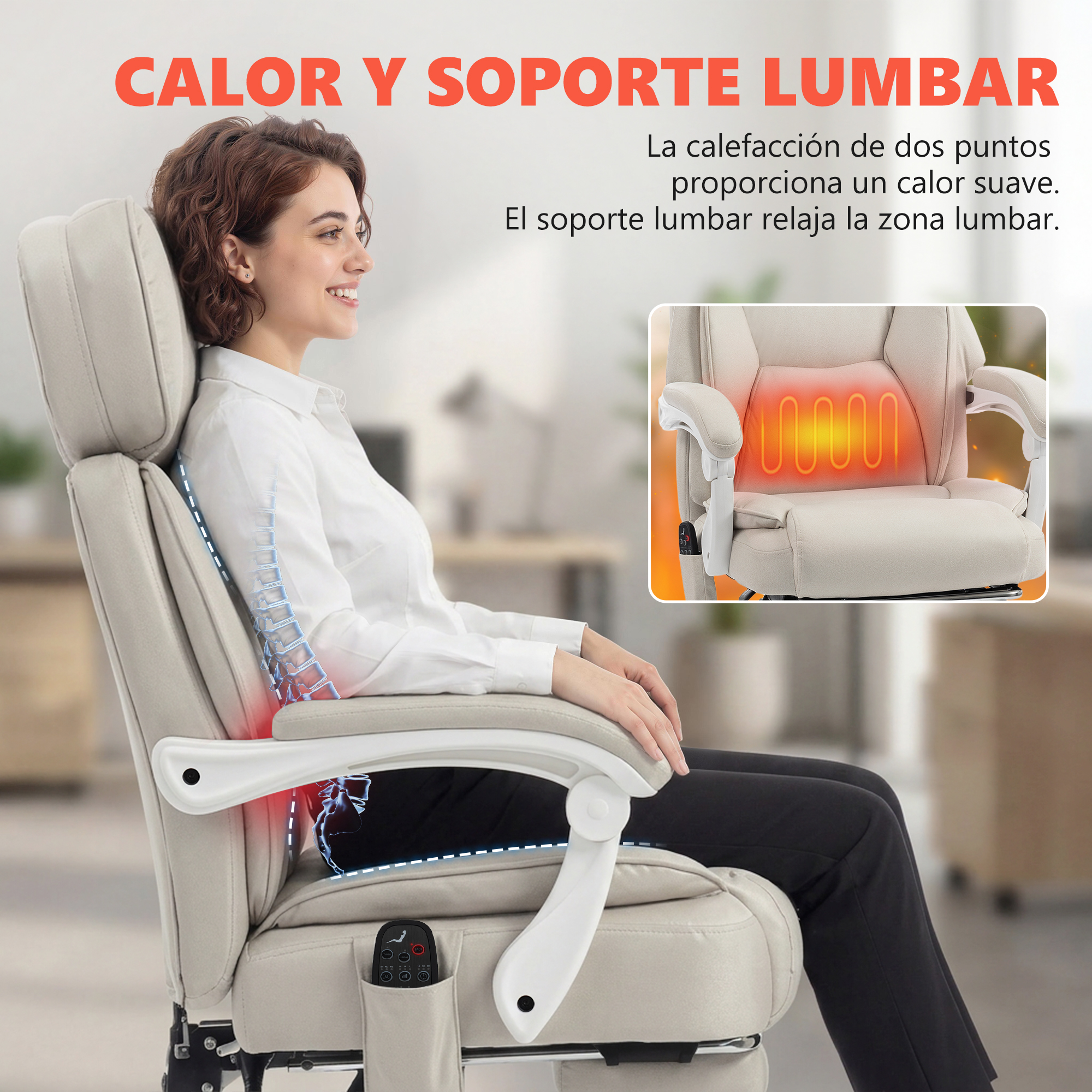 Mujer sentada en una silla de oficina beige con soporte lumbar y calefacción.