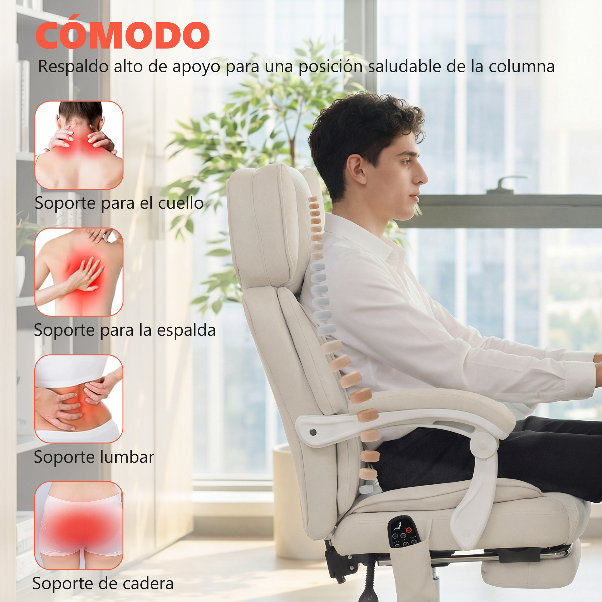 Hombre en silla de oficina beige con respaldo alto. Imágenes pequeñas muestran soporte para cuello, espalda, lumbares y cadera.