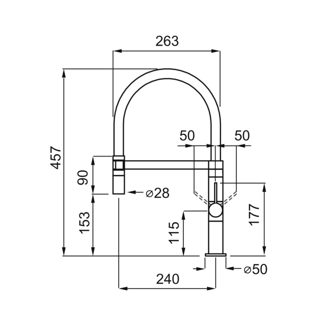 Disegno tecnico di un rubinetto con dimensioni in mm. Arco alto, bocca girevole.