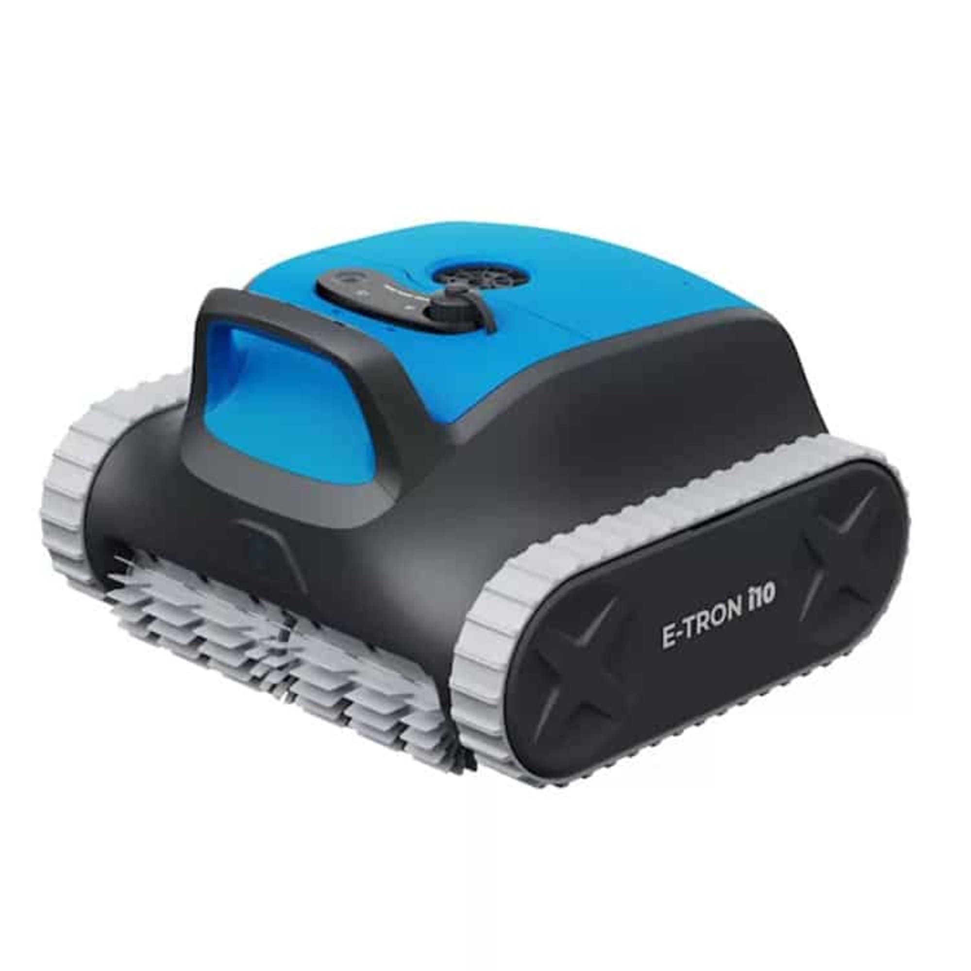 Robot de piscina azul y negro con orugas sobre fondo blanco.
