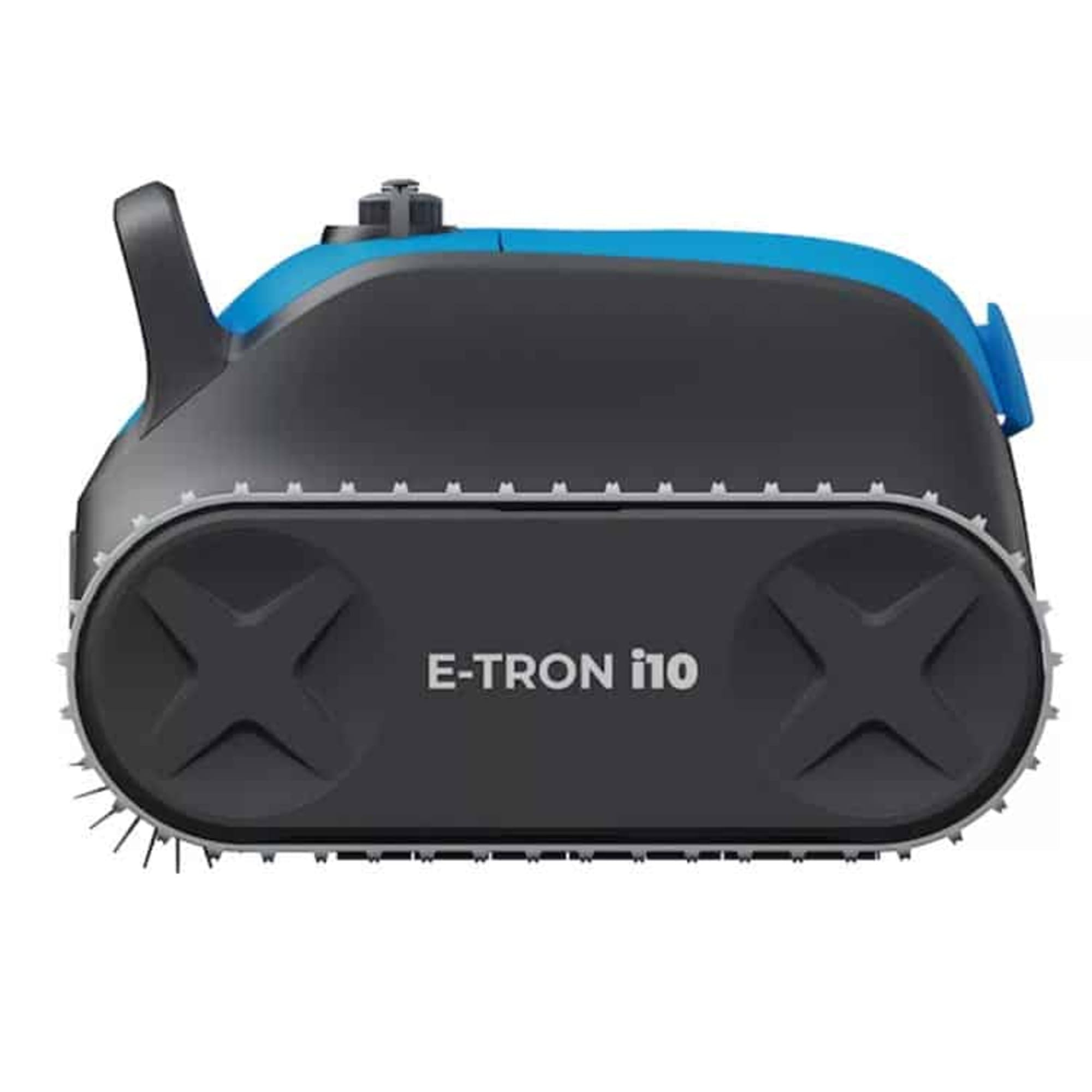 Un robot de piscina negro y azul con orugas y el texto E-TRON i10.
