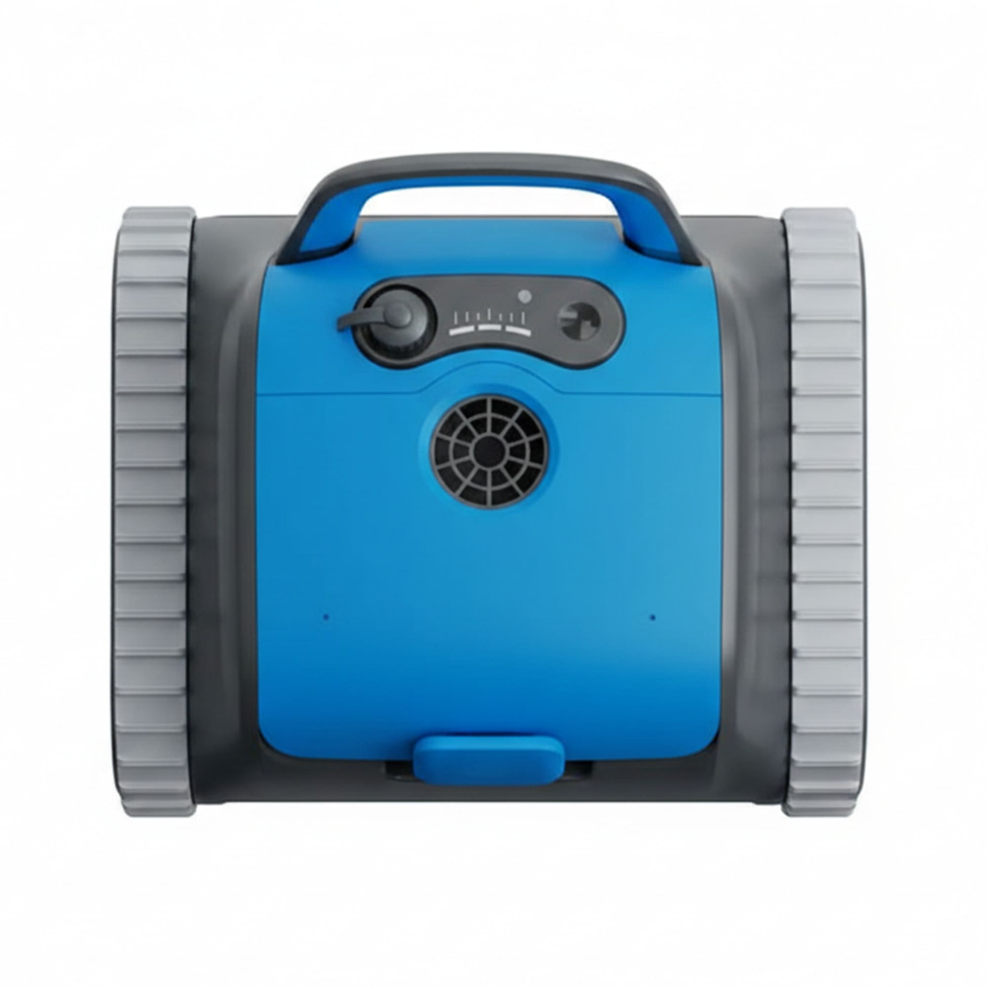 Robot limpiador de piscinas azul con ruedas y asa grises.