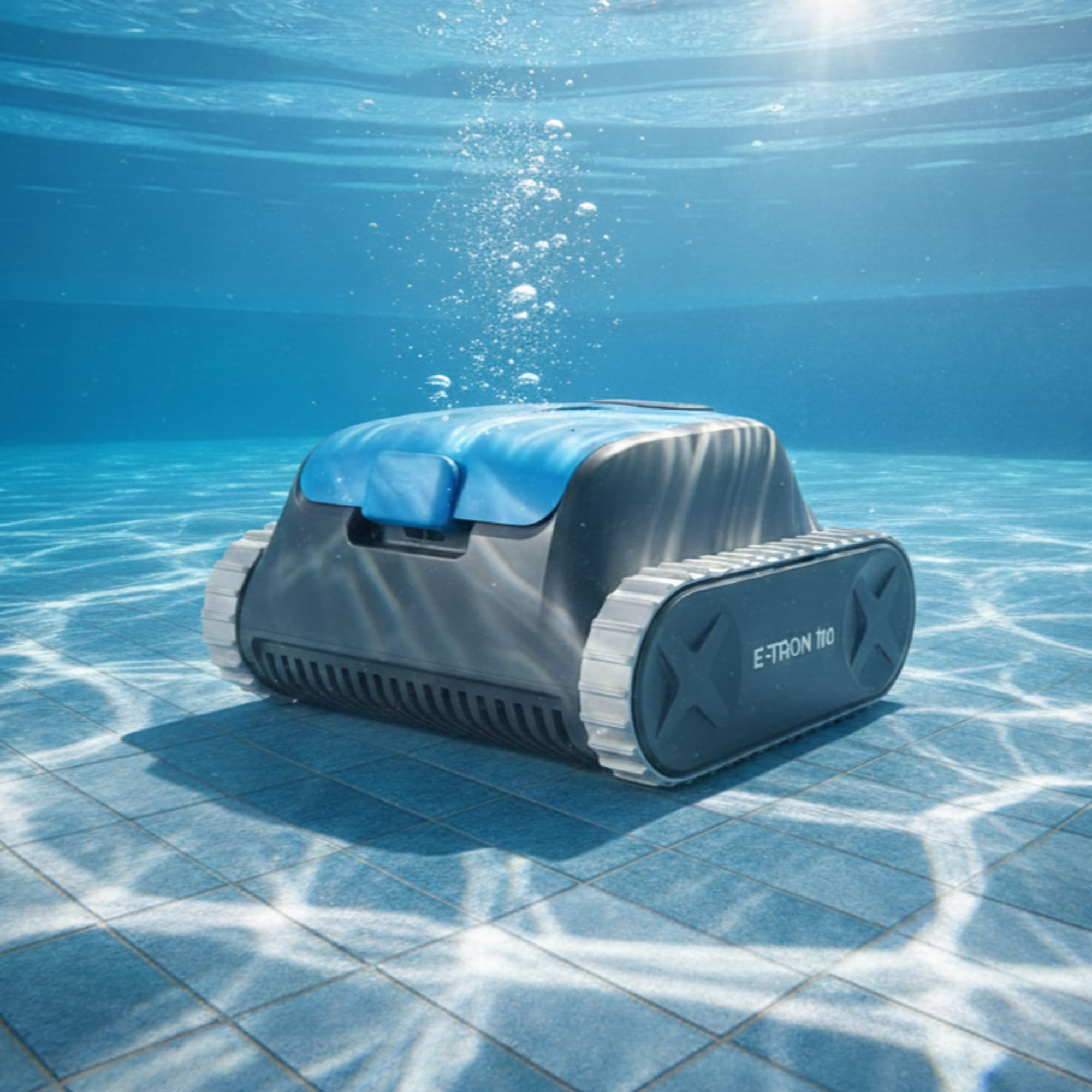 Un limpiador de piscina azul y gris se mueve por el suelo de baldosas de la piscina, con burbujas subiendo.
