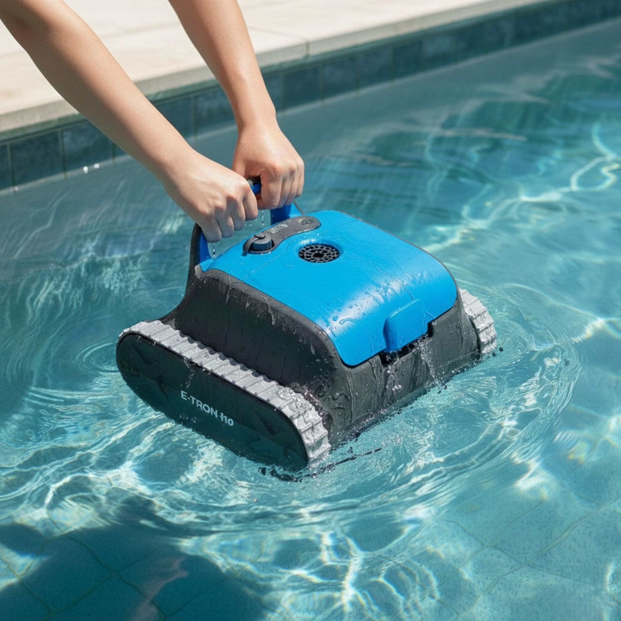 Una persona saca un robot limpiador azul de la piscina.