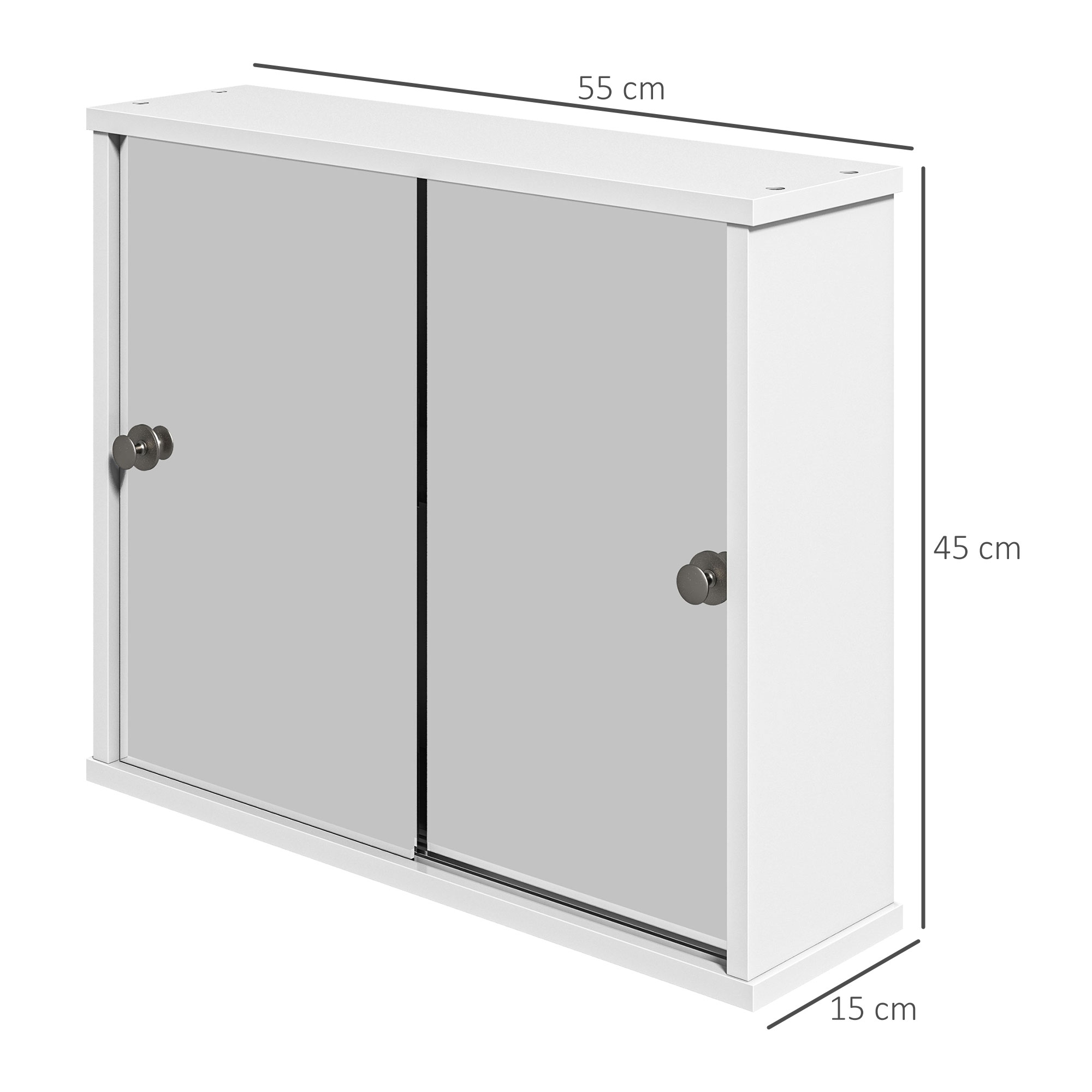 Un armario blanco con dos puertas de espejo y tiradores plateados.