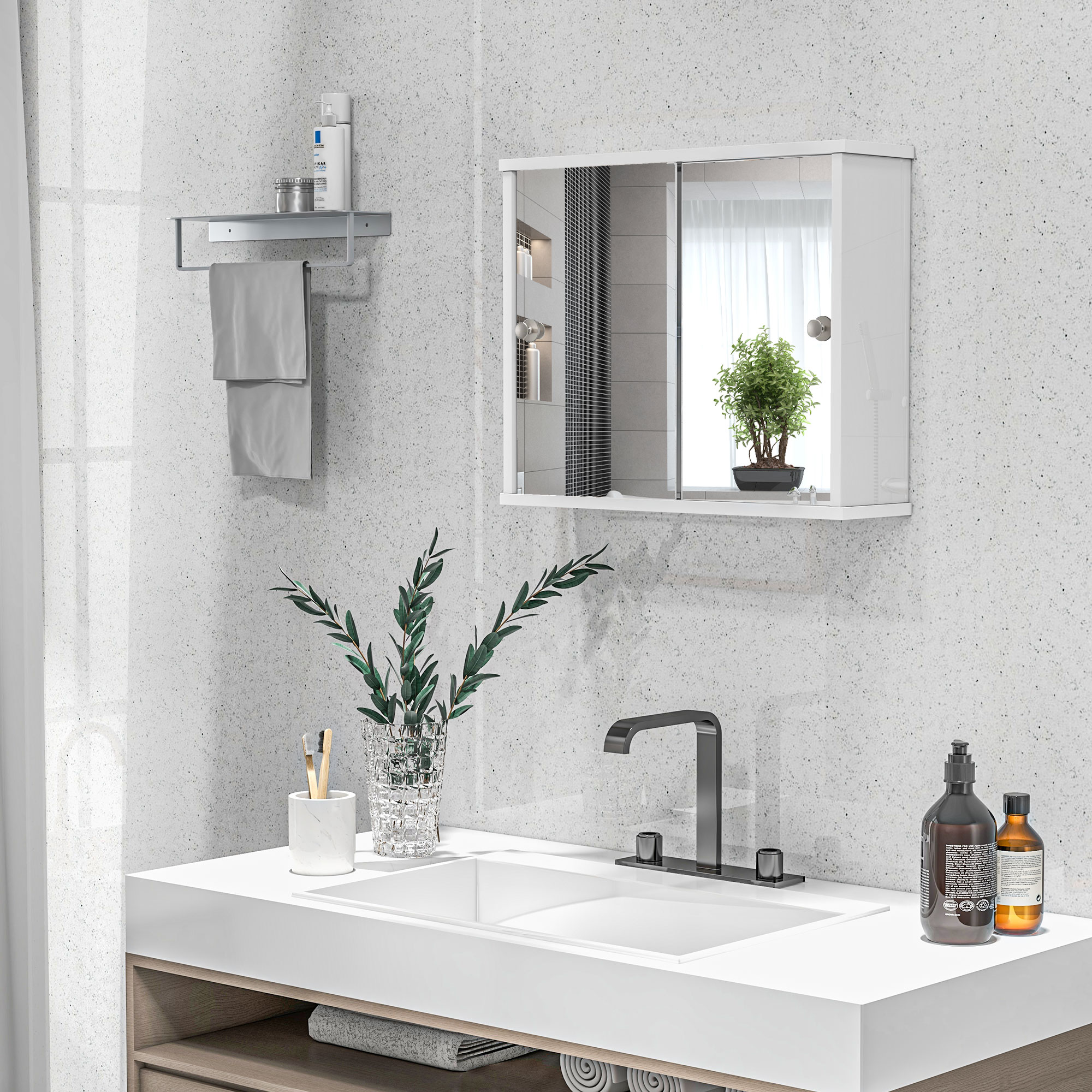 Un baño con lavabo blanco, grifo negro y mueble de pared con espejo.