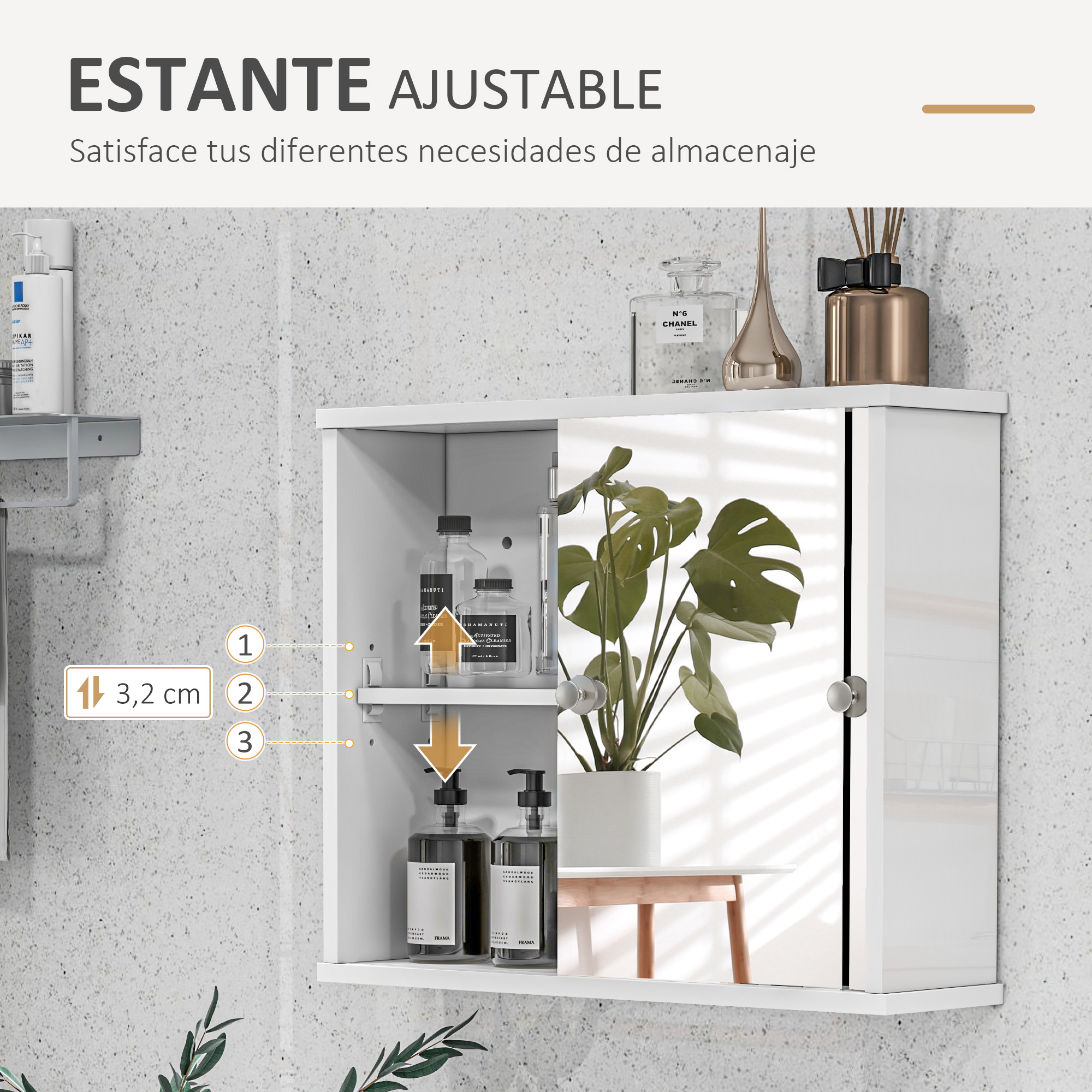 Un mueble de baño blanco con puerta de espejo. Dentro hay botellas y una planta.