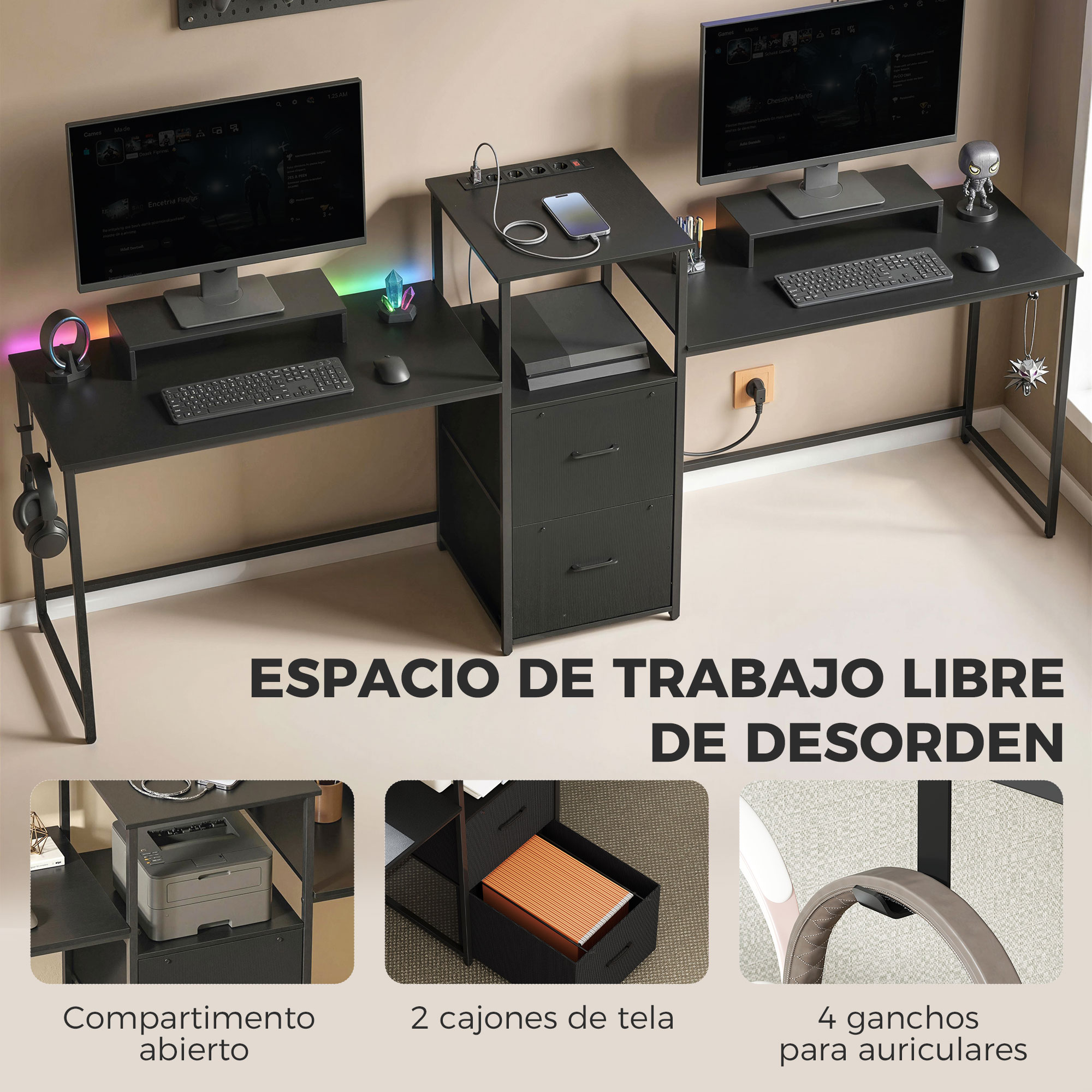 Un escritorio negro con dos monitores, teclados, ratones y tiras de luz RGB.