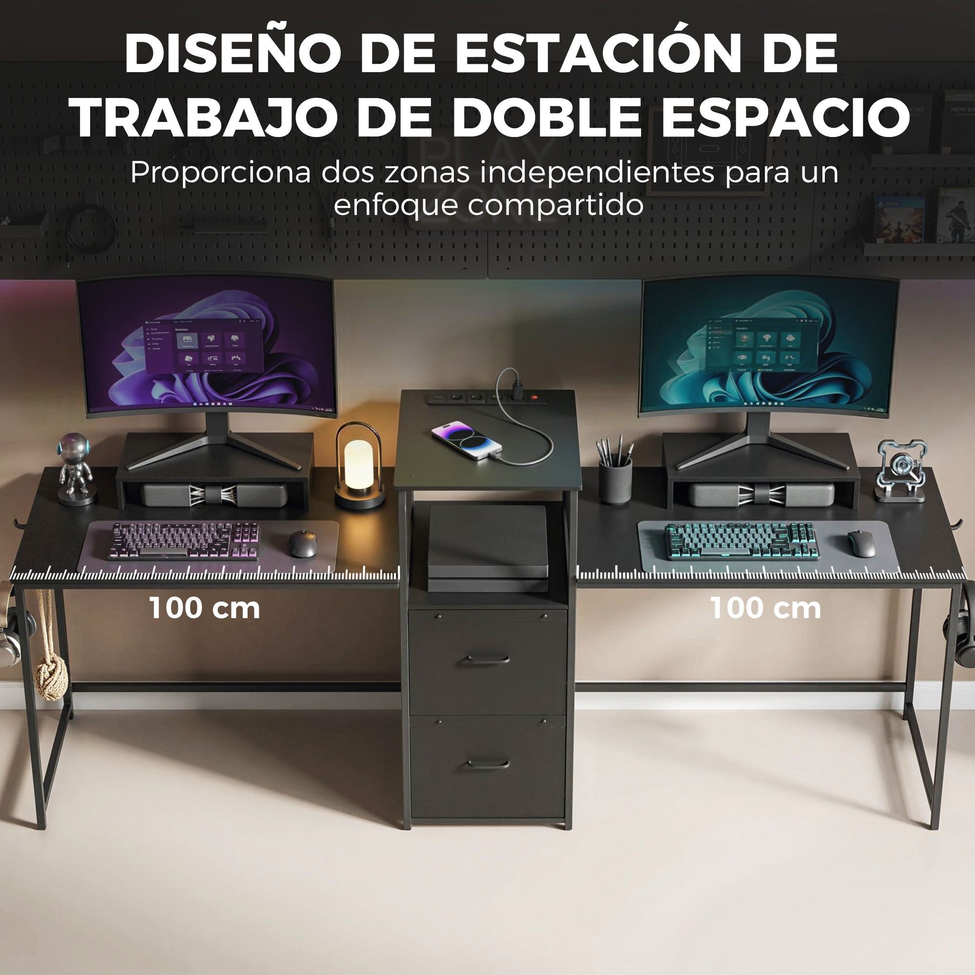 Un escritorio negro con dos monitores, teclados, ratones y una unidad de cajones.