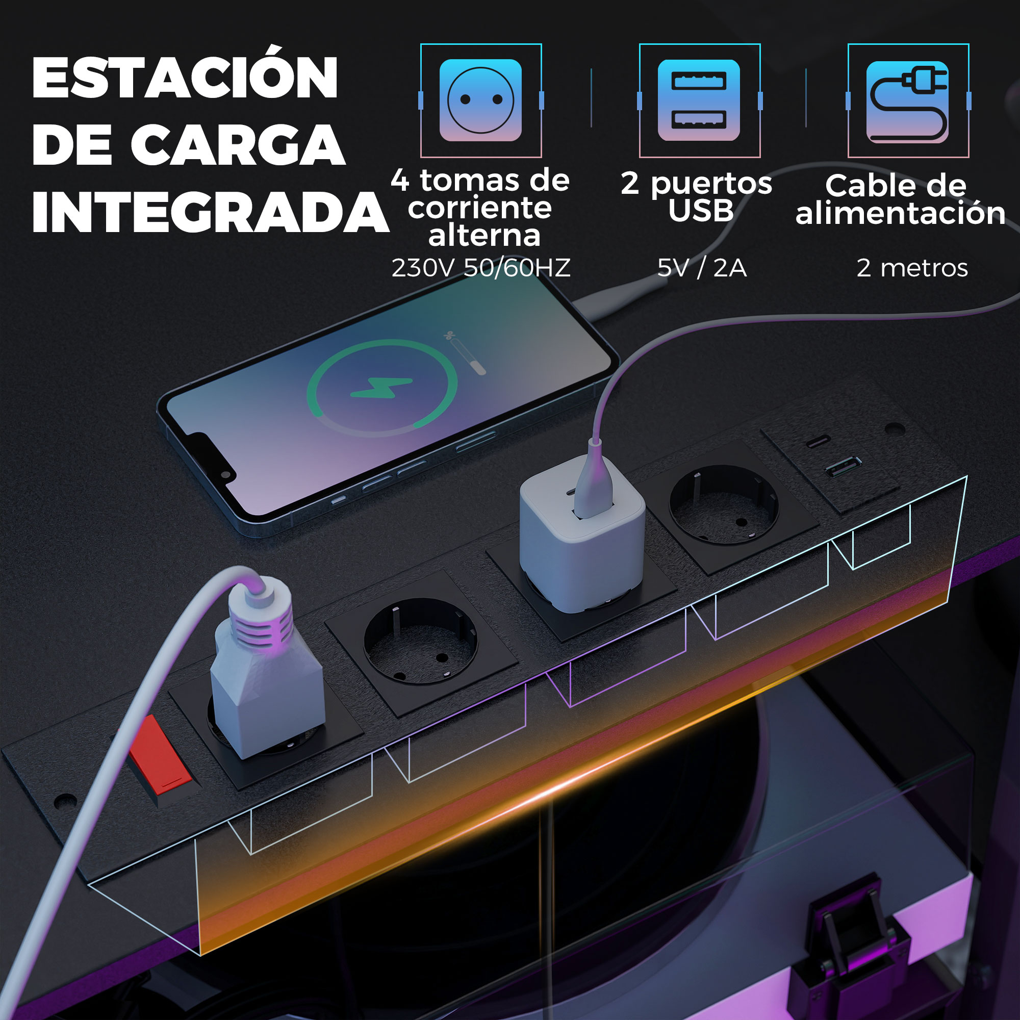 Estación de carga integrada con 4 enchufes, 2 puertos USB y cable de 2m.