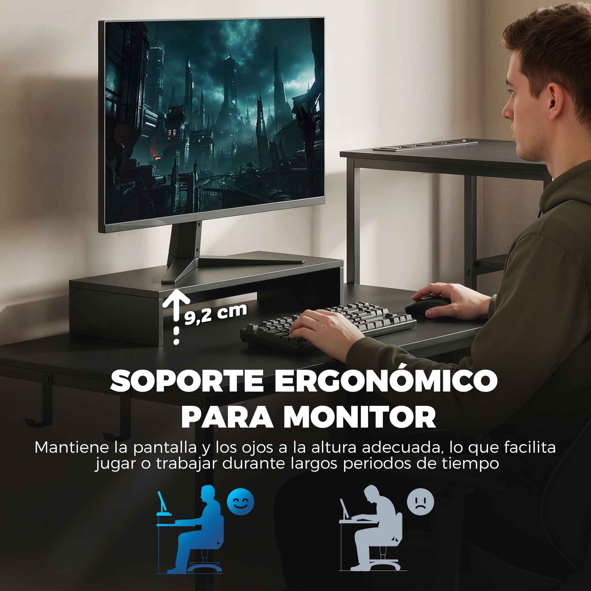 Un hombre teclea en un teclado, con un monitor en un soporte.