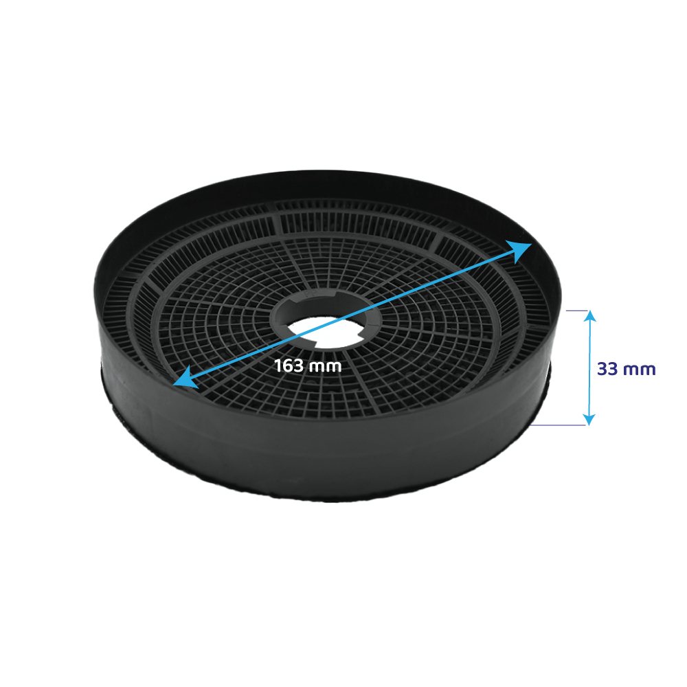 Schwarzer Aktivkohlefilter mit Maßen 163 mm und 33 mm.