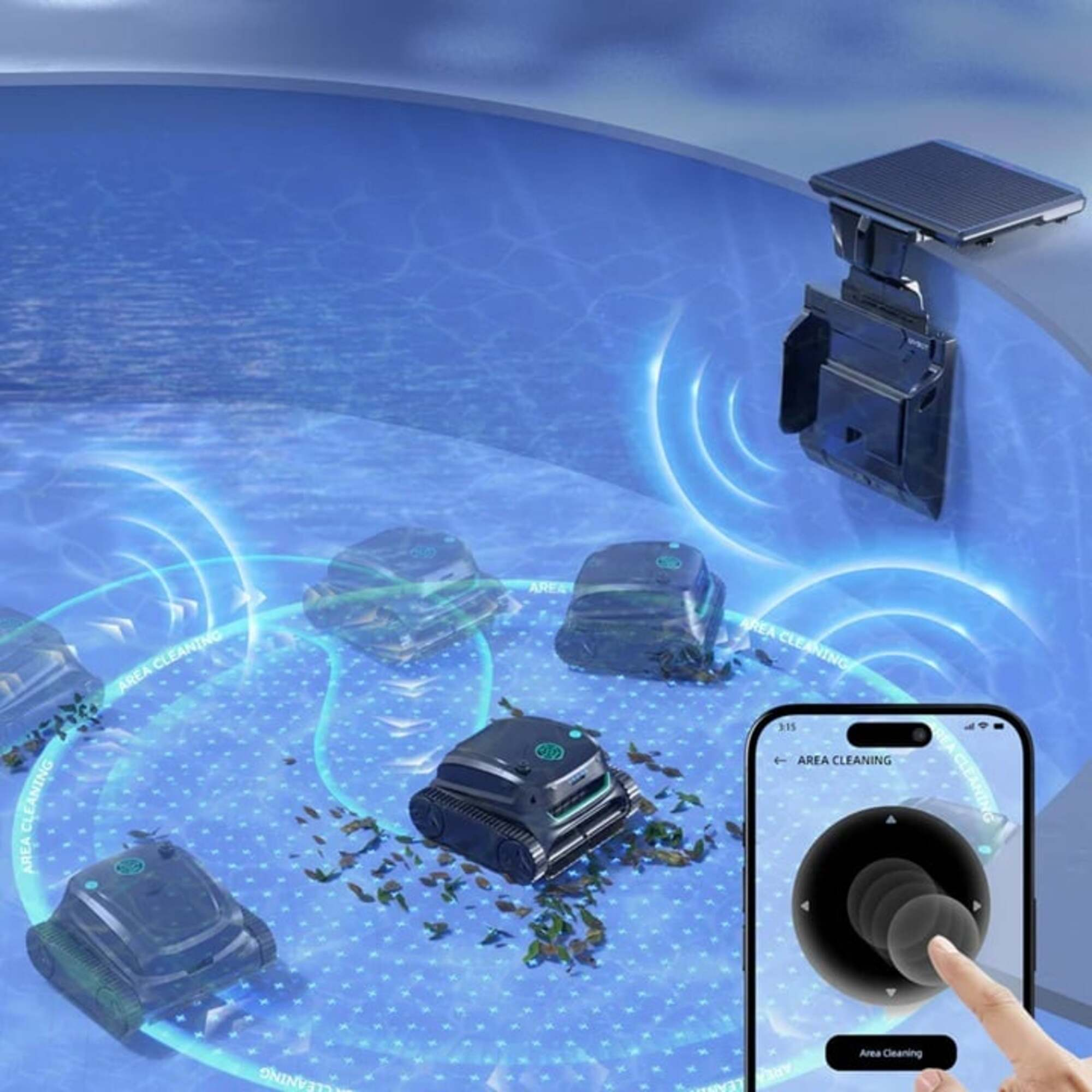 Múltiples robots de piscina limpian una piscina, controlados por smartphone.