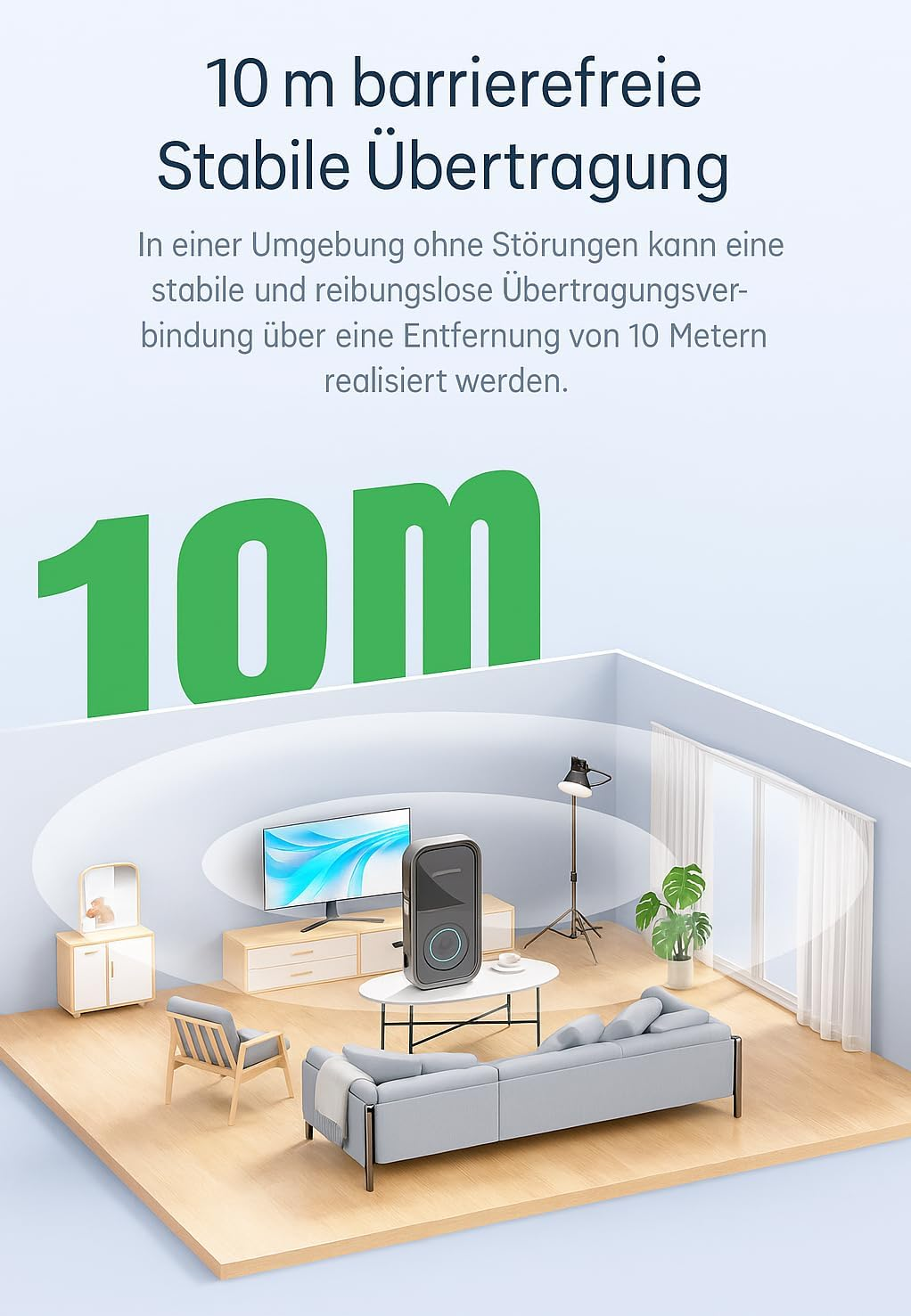Ein Wohnzimmer mit einem Lautsprecher, Fernseher und Sofa, 10m Reichweite.
