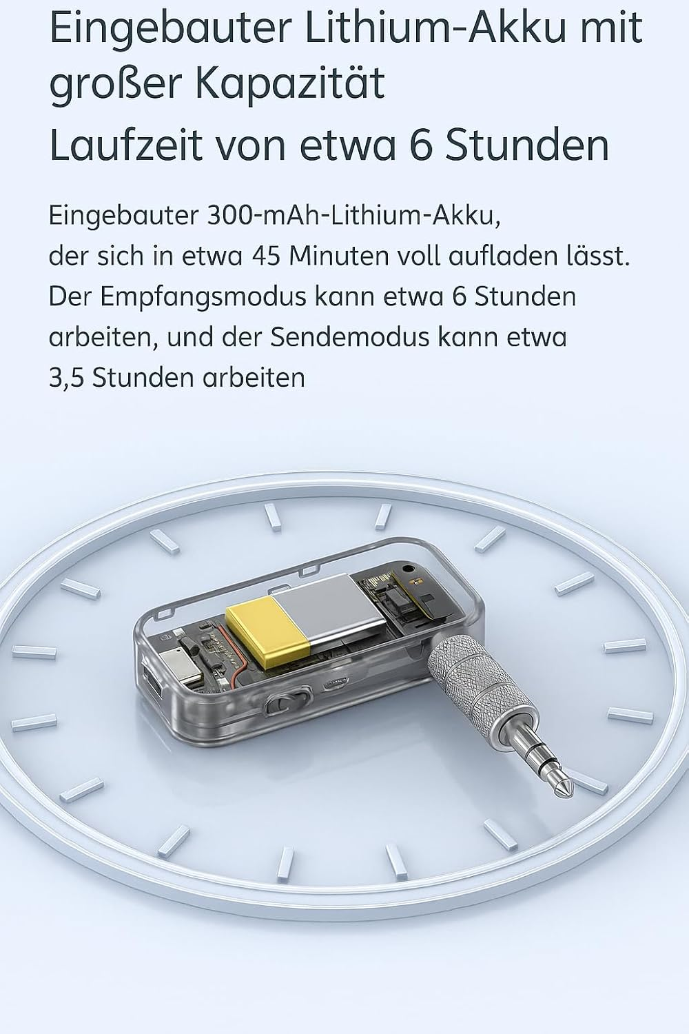 Ein silberner Akku mit goldener Oberseite liegt auf einem stilisierten Zifferblatt.