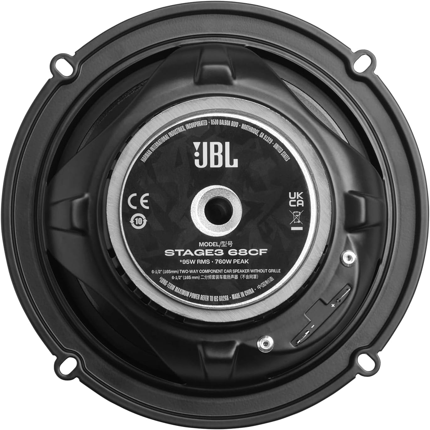 JBL Stage3 68CF 6,5-Zoll-Zwei-Wege-Autolautsprecher, schwarz mit silbernen Akzenten. Hergestellt in China.