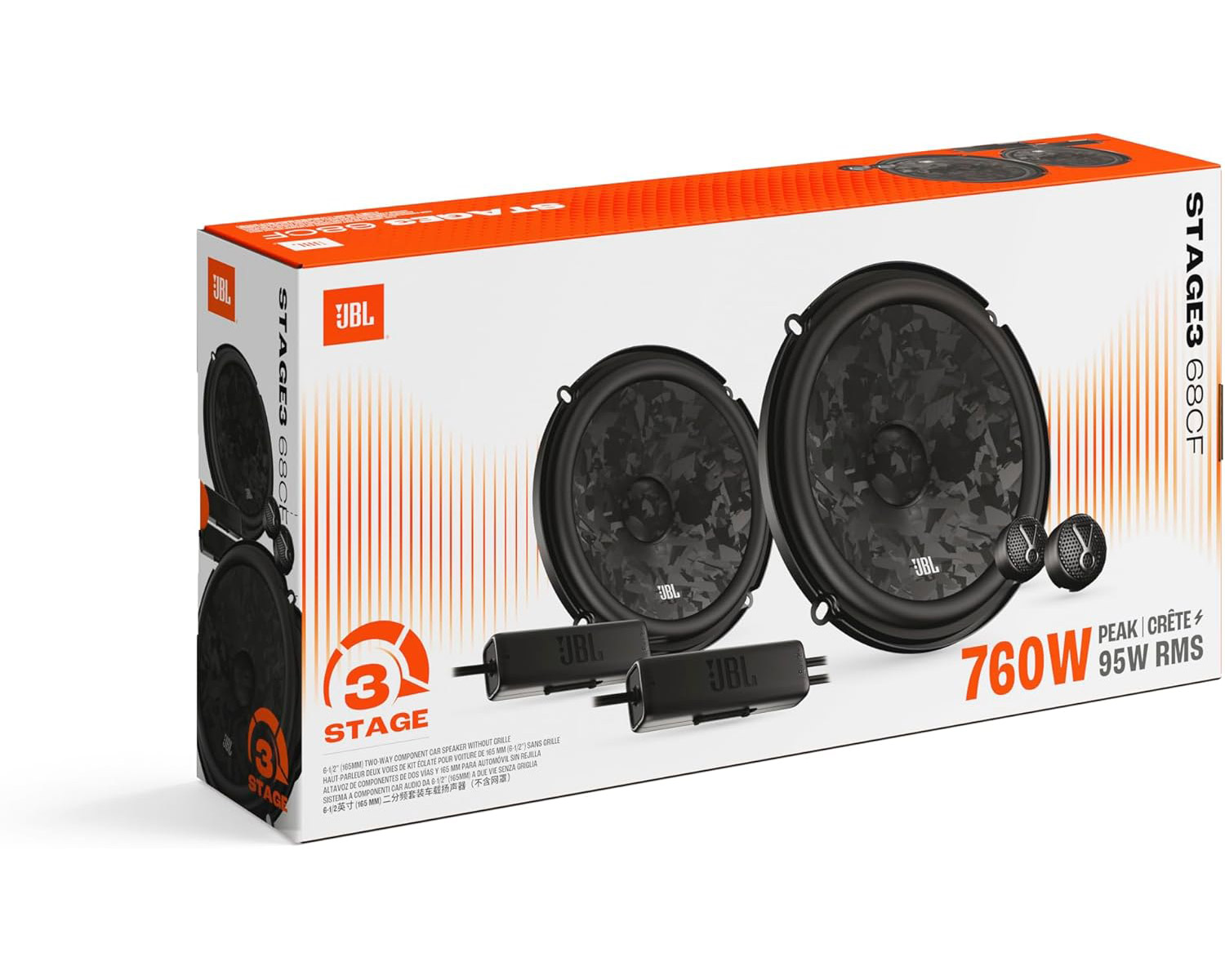 JBL Lautsprecher-Set auf Kartonverpackung mit orange-weißem Design.