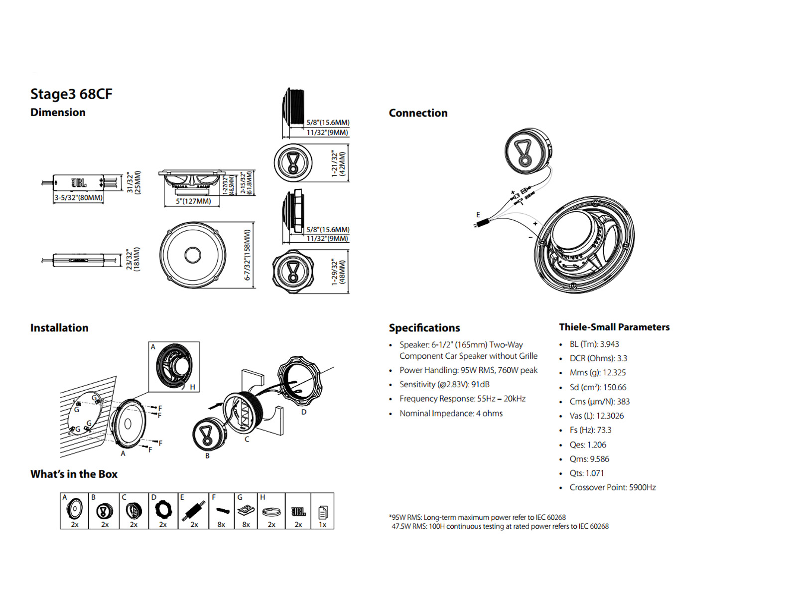 Diagramme zeigen Abmessungen, Installation, Anschluss und Spezifikationen von Lautsprechern.