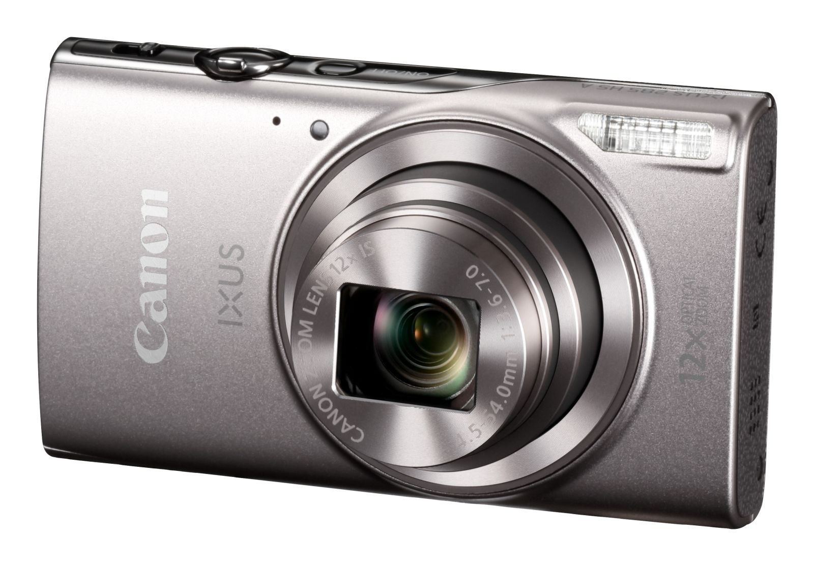Silberne Canon IXUS Digitalkamera mit 12-fach optischem Zoom und Blitz.