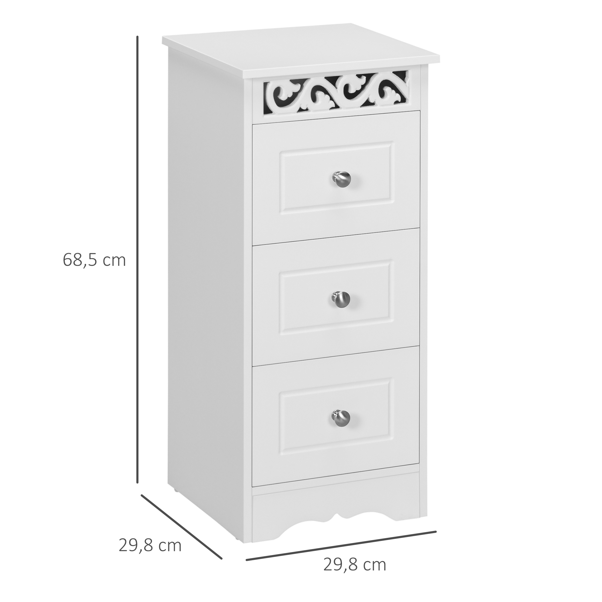Mesita de noche blanca con tres cajones y celosía decorativa. Dimensiones: 68,5 x 29,8 x 29,8 cm.