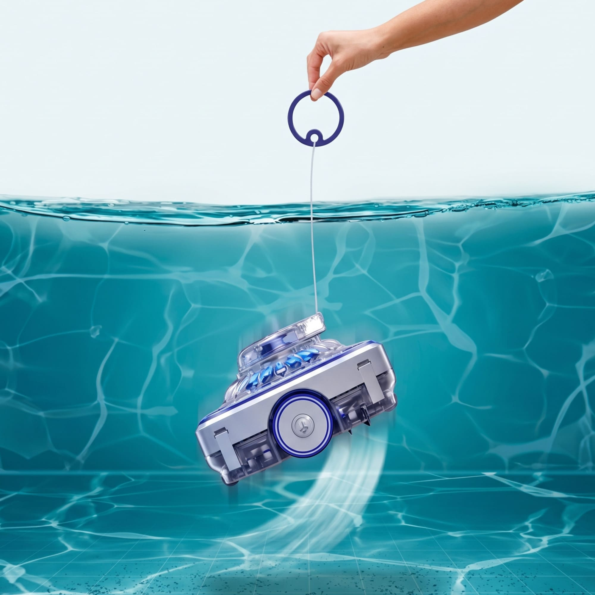 Ein Roboter wird von einer Hand am Seil aus dem Wasser gezogen.