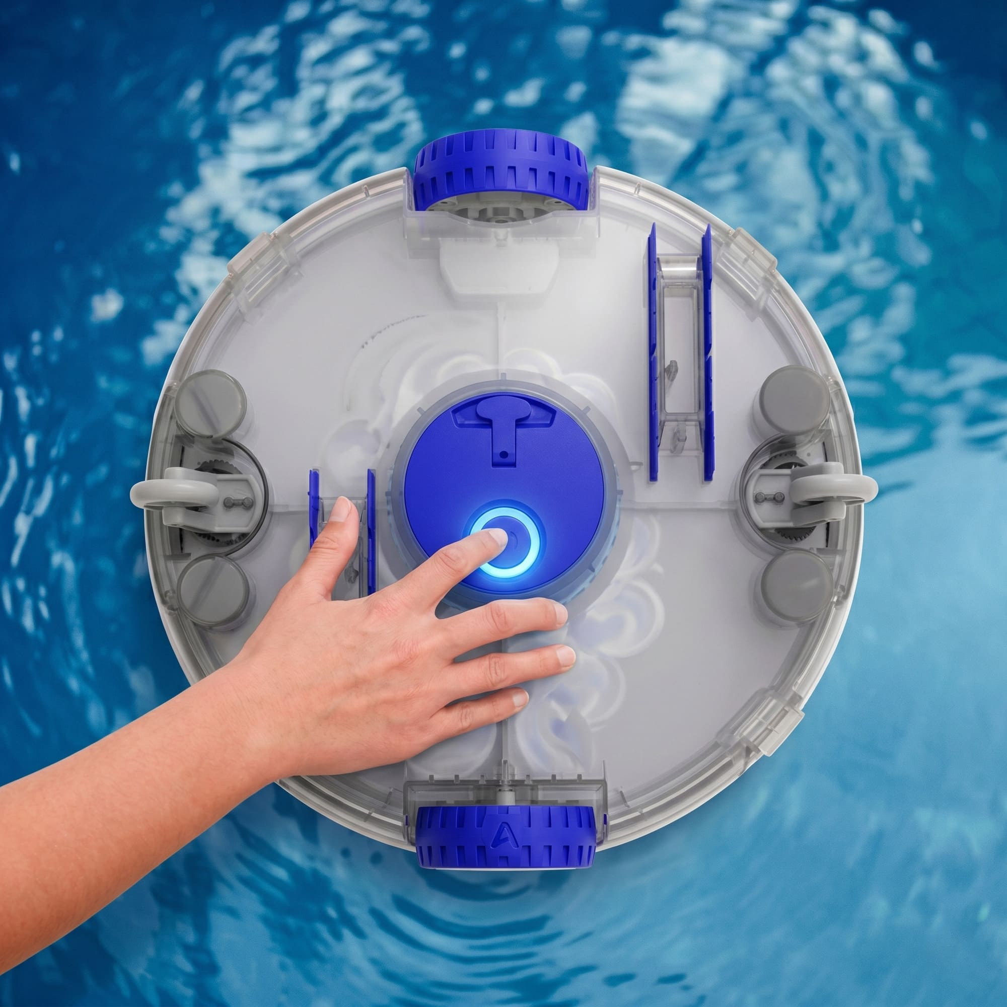 Eine Hand drückt den leuchtenden blauen Knopf eines Poolreinigers im Wasser.