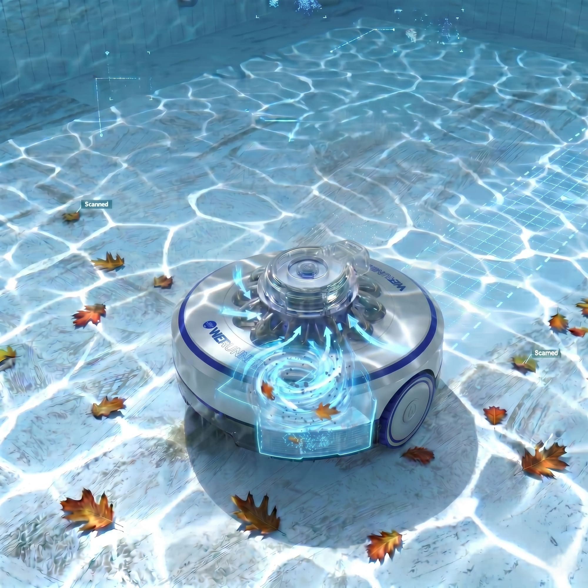 Ein Poolroboter reinigt einen Pool voller Herbstlaub. Blaue Lichter zeigen Scanbereiche an.