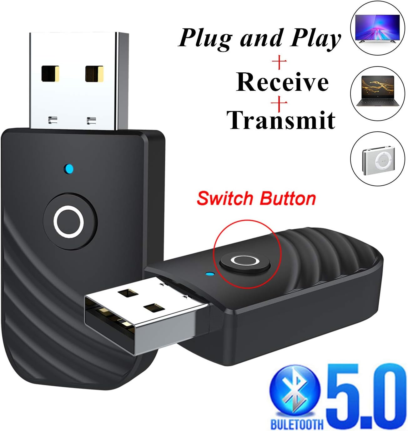 Schwarzer Bluetooth 5.0 Empfänger/Sender mit USB-Anschluss und Schalter.