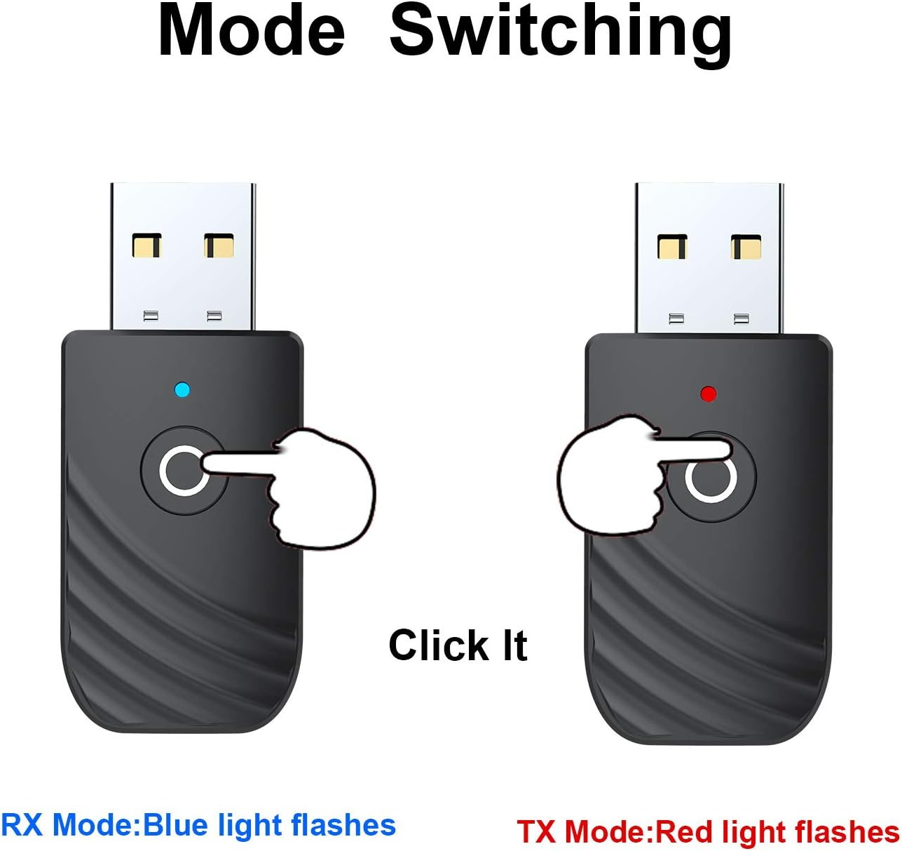 Zwei schwarze USB-Adapter nebeneinander. Links mit blauem Licht, rechts mit rotem Licht.