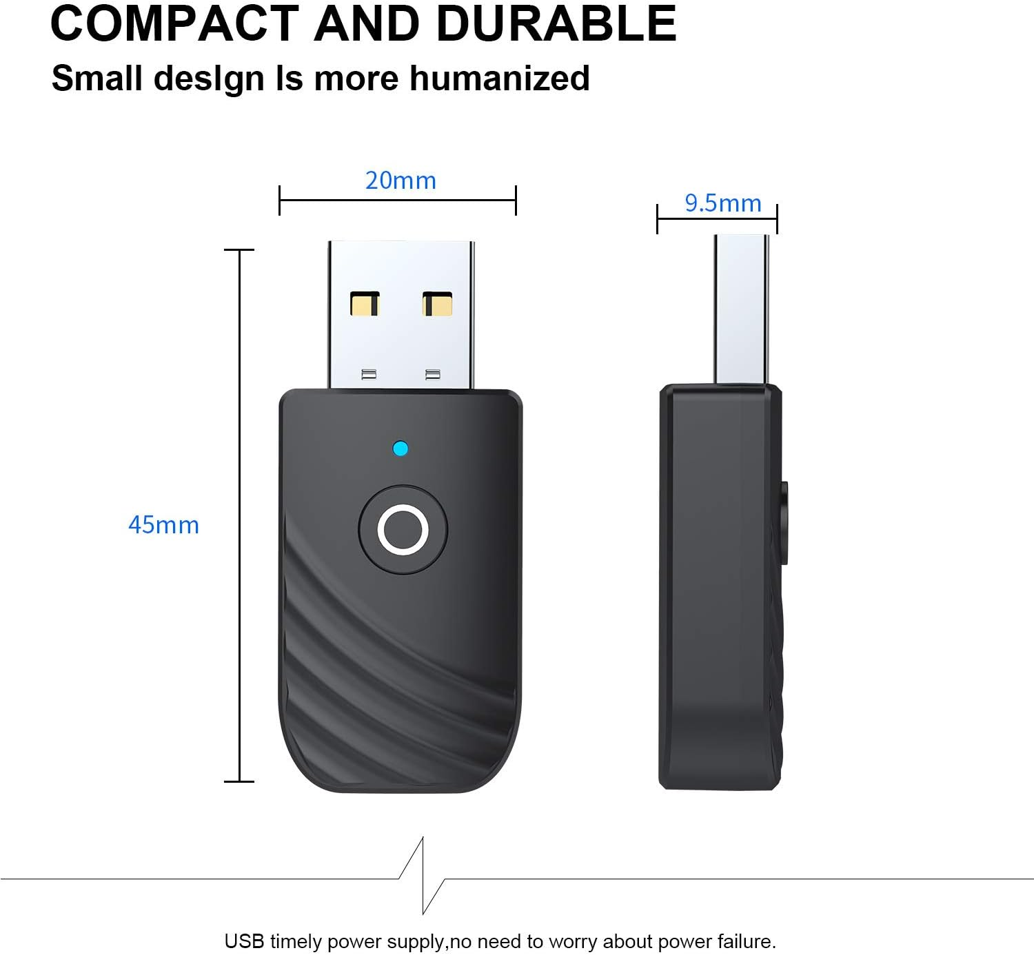 Ein schwarzer USB-Adapter mit Maßen von 45x20x9,5 mm.