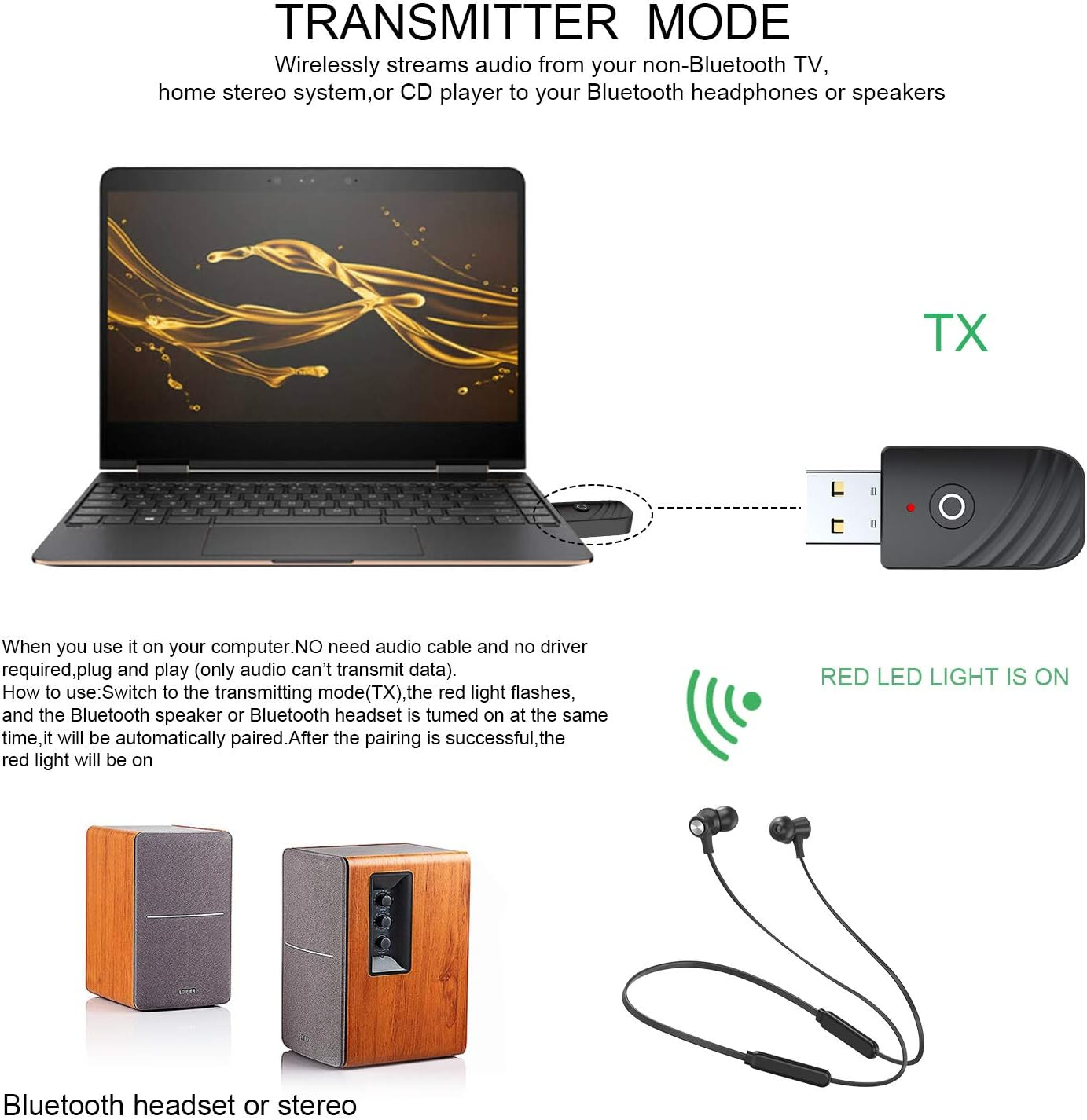Ein Laptop, ein Bluetooth-Sender, ein Paar Kopfhörer und zwei Lautsprecher.