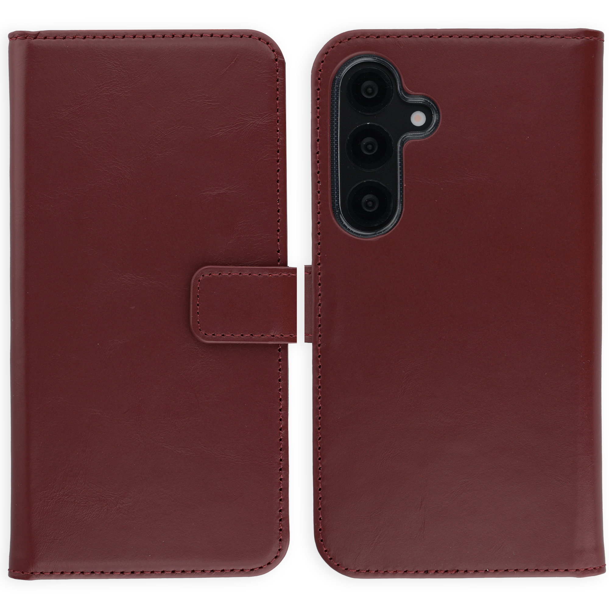 Ein dunkelrotes Leder-Flip-Case für ein Smartphone, das sich nach links öffnet.