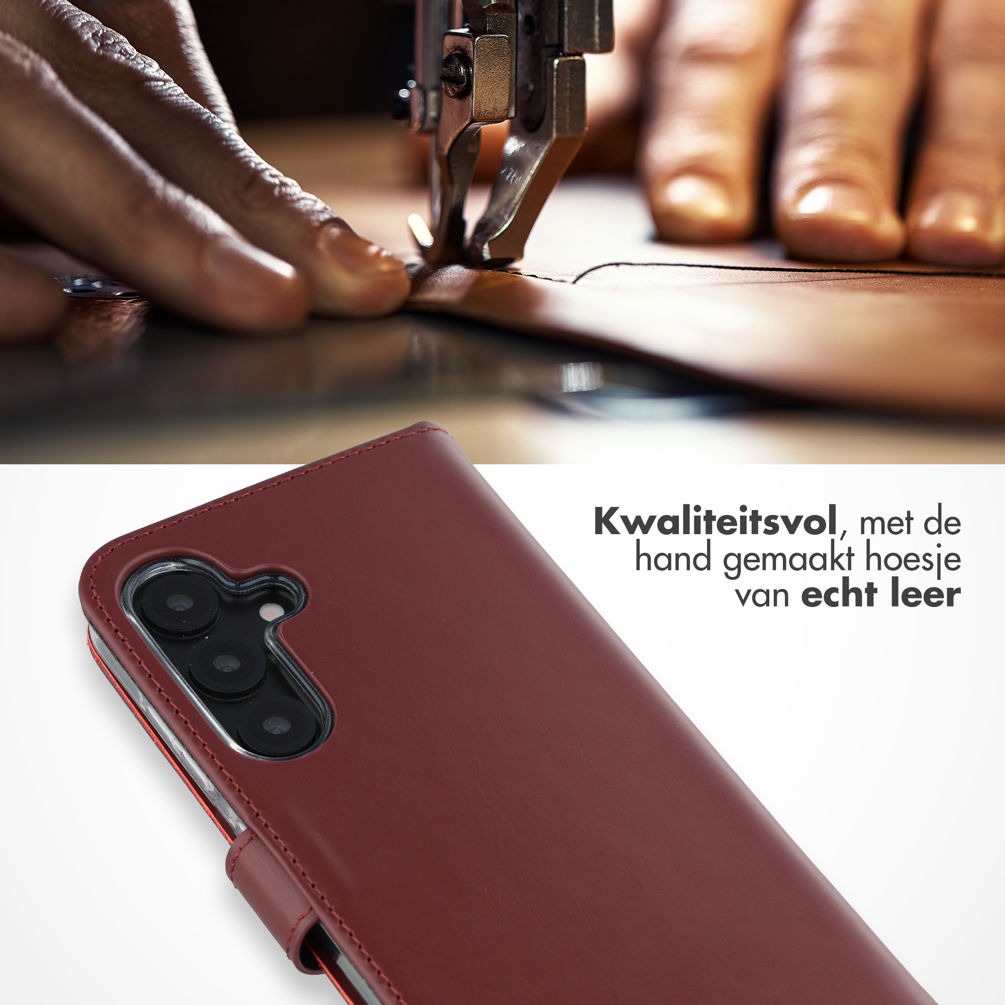 Nahaufnahme einer Nähmaschine, die Leder näht. Unten: eine rote Lederhülle für ein Smartphone.