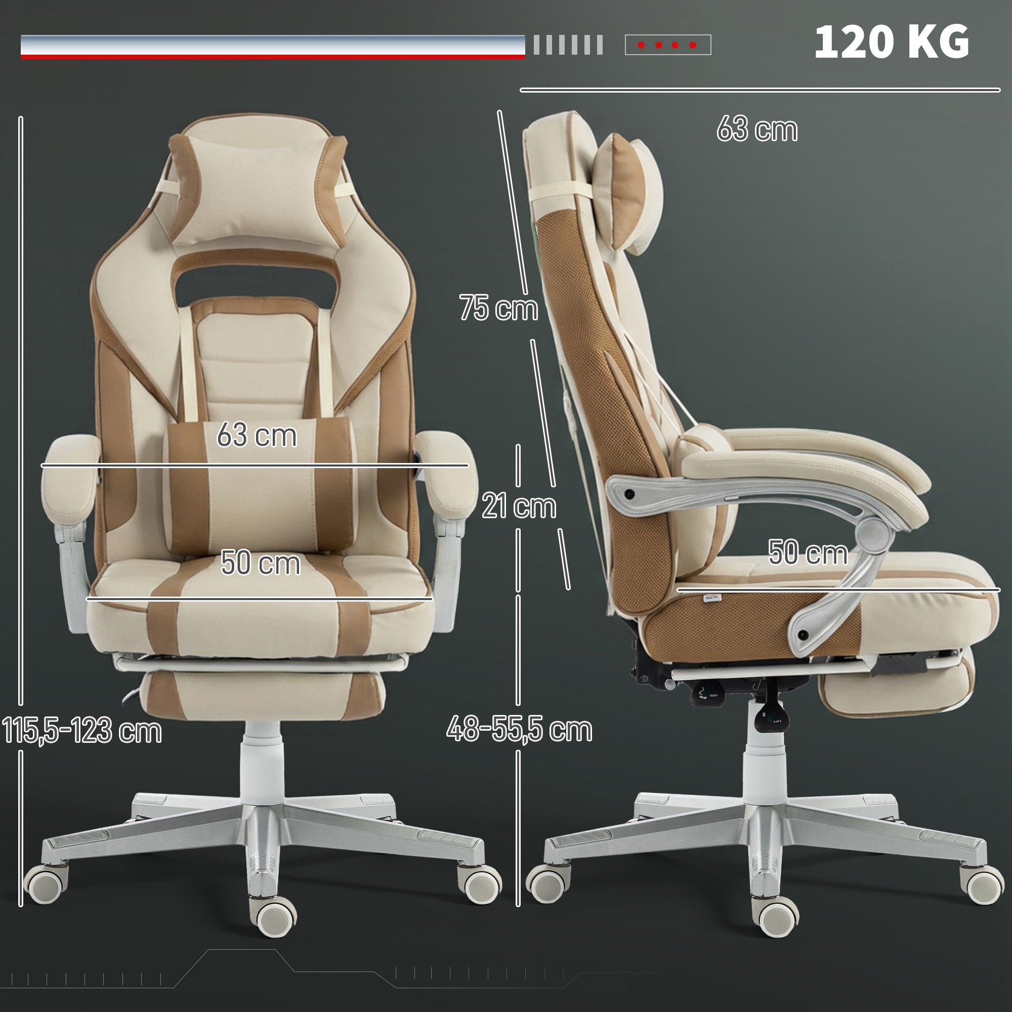 Silla gaming con detalles beige y marrones, se muestran las dimensiones.