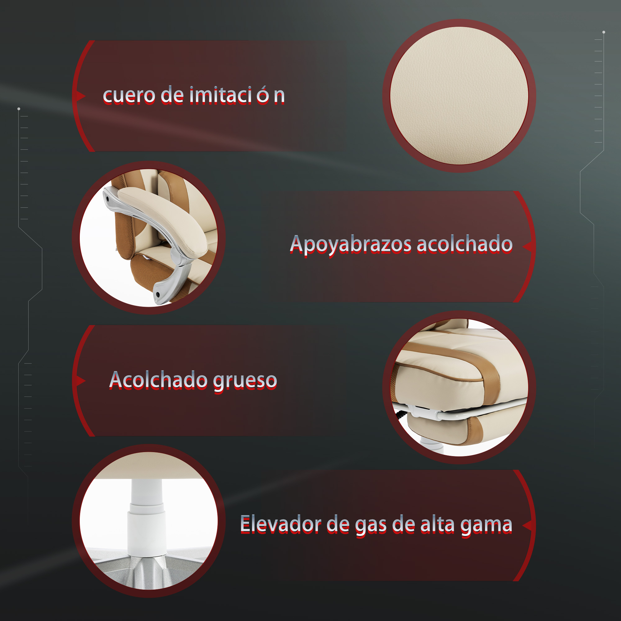 Detalles de silla de oficina: cuero sintético, reposabrazos acolchados, acolchado grueso.