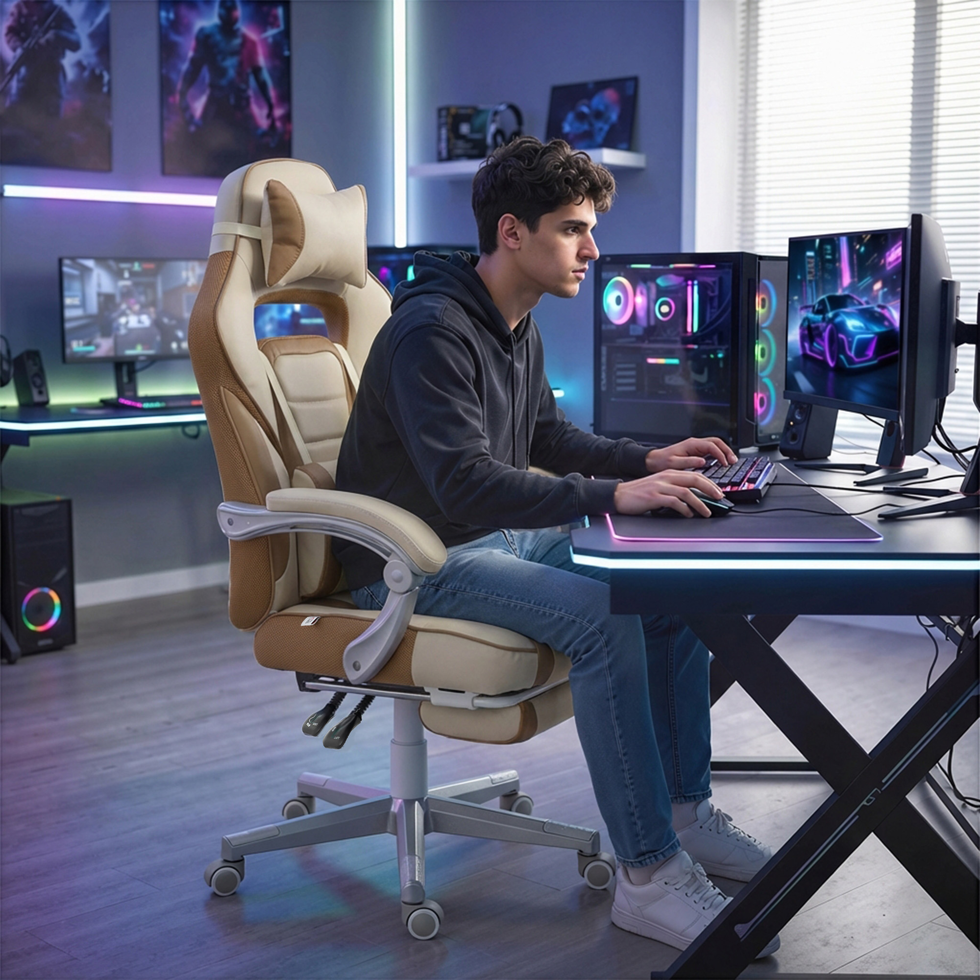 Un joven juega en su computadora en una habitación iluminada.