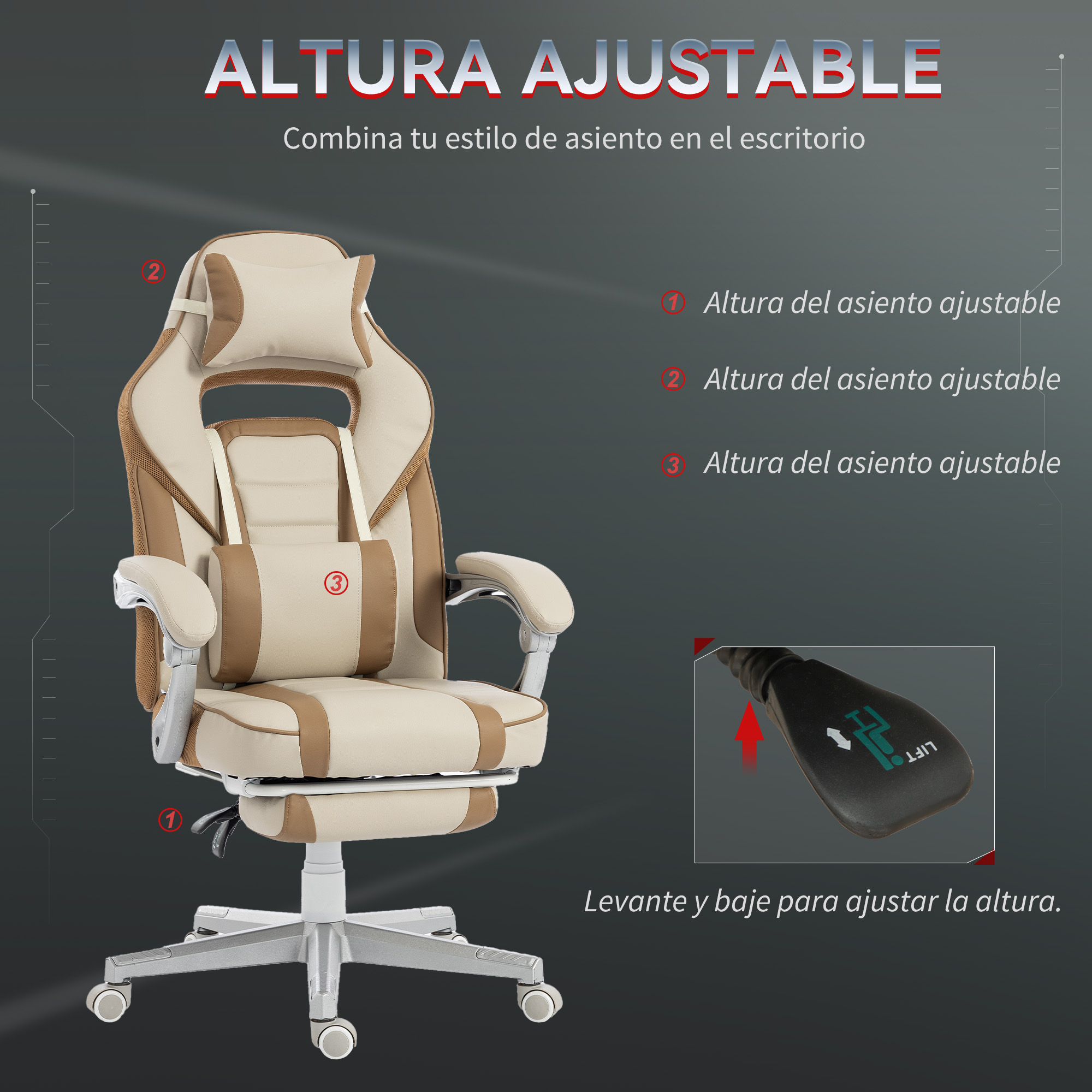 Una silla de oficina beige y marrón con altura ajustable y reposapiés. Primer plano de la palanca.