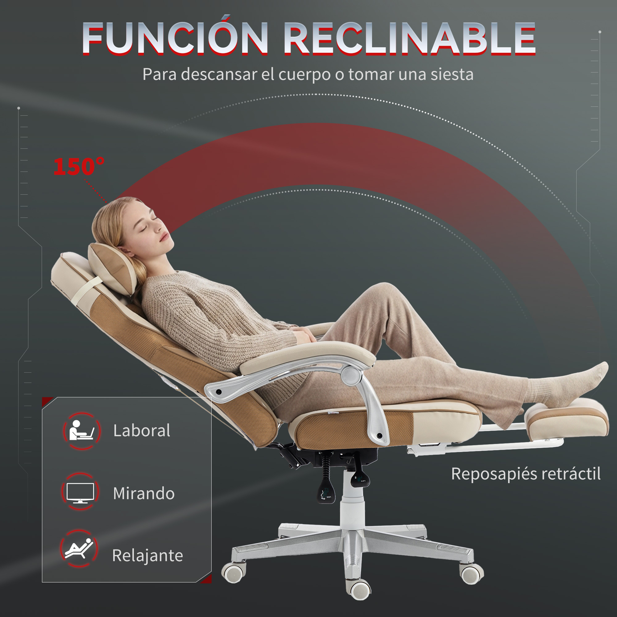 Mujer en silla de oficina reclinable con reposapiés extendido, durmiendo.