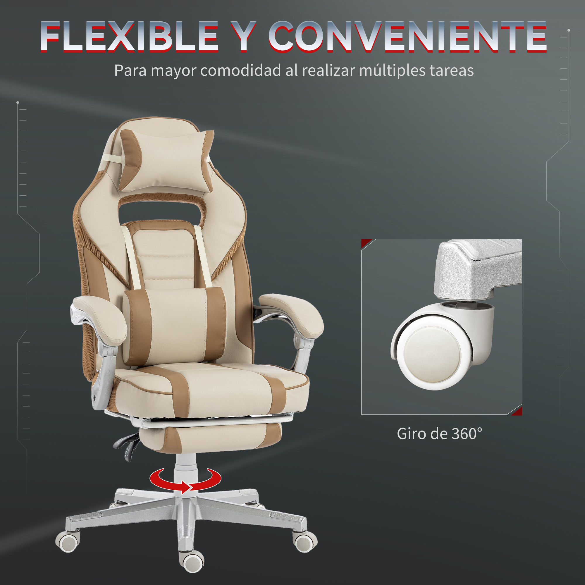 Una silla gamer beige y marrón con reposapiés y reposabrazos ajustables.