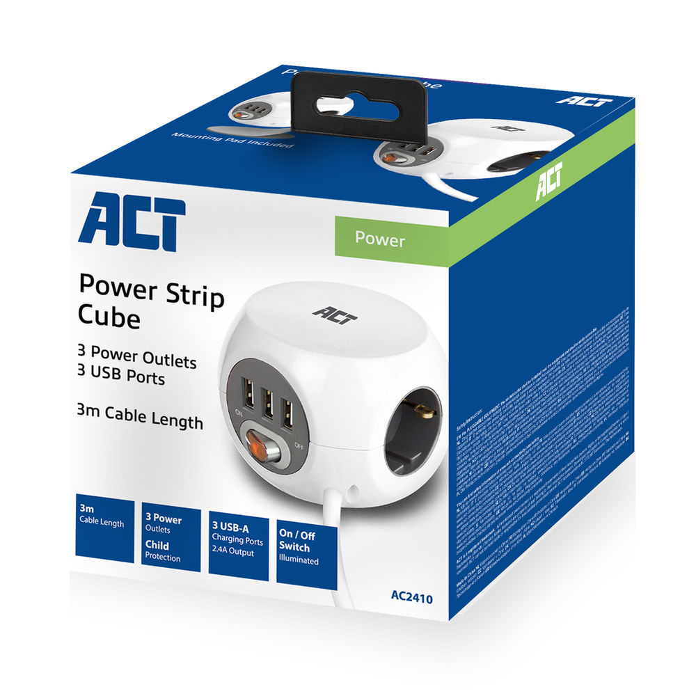 Wei2er Kasten mit wei2em W22rfel-Steckd2senleiste mit 3 Steckd2sen und 3 USB-Ports.