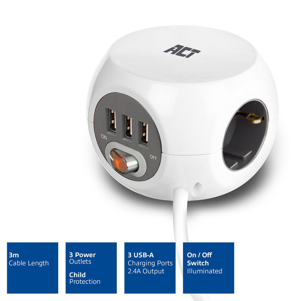 Ein weißer, runder Mehrfachsteckdosenadapter mit 3 Steckdosen, 3 USB-Anschlüssen und einem beleuchteten Schalter.