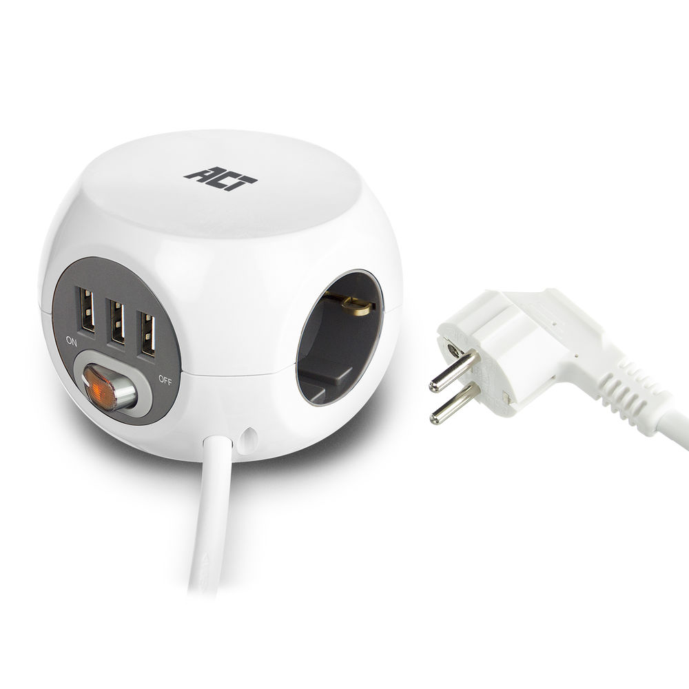Une multiprise blanche et sphérique avec ports USB et une prise.