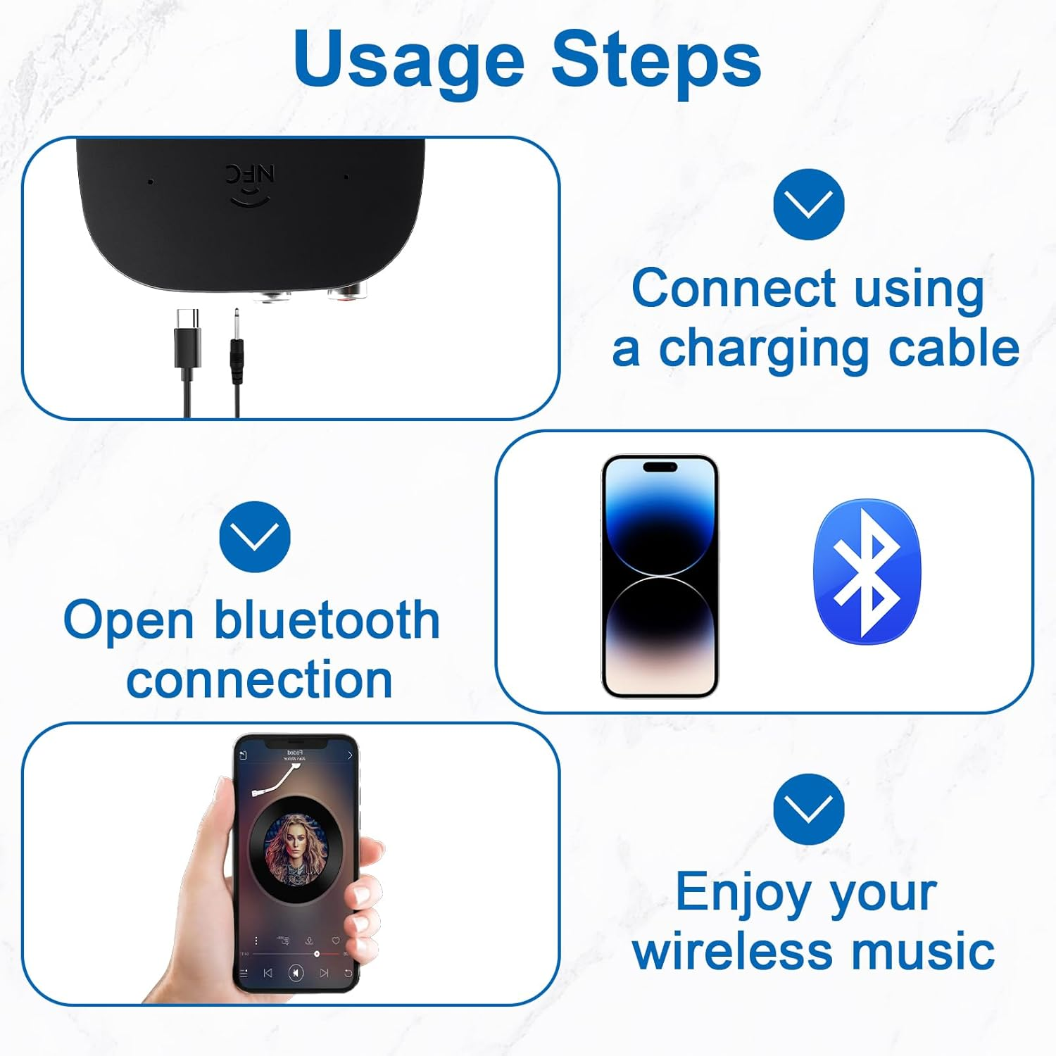 Schritte: Gerät mit Kabel verbinden, Bluetooth öffnen, kabellose Musik genießen.