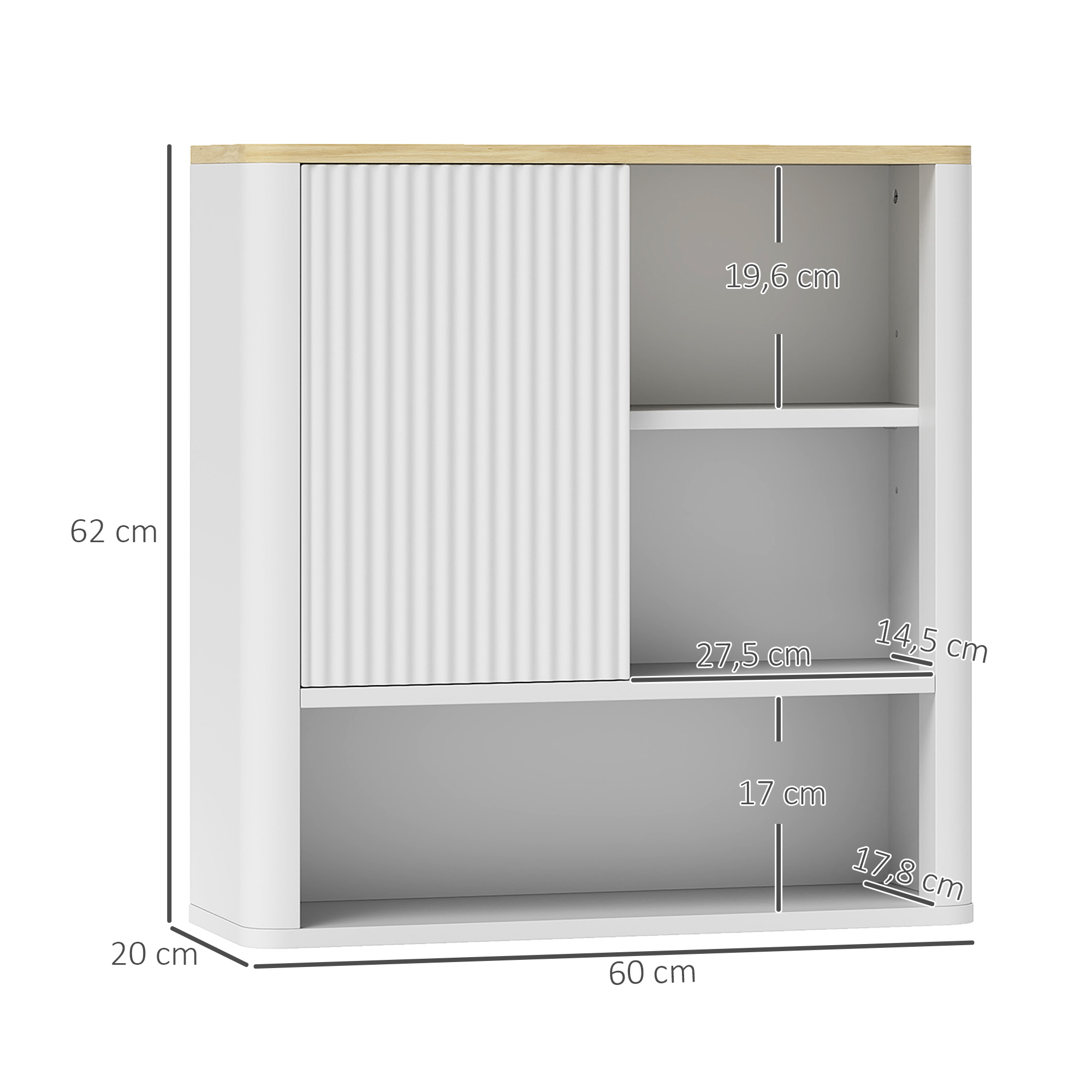 Un estante blanco con techo de madera. Dimensiones: 62x60x20cm.