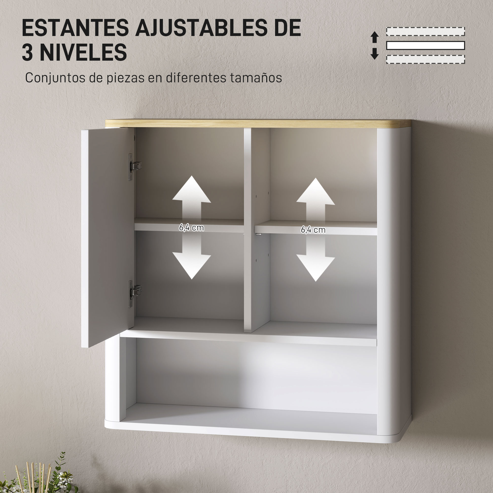 Estante ajustable de 3 niveles, puertas blancas, borde de madera, flechas indican ajuste.